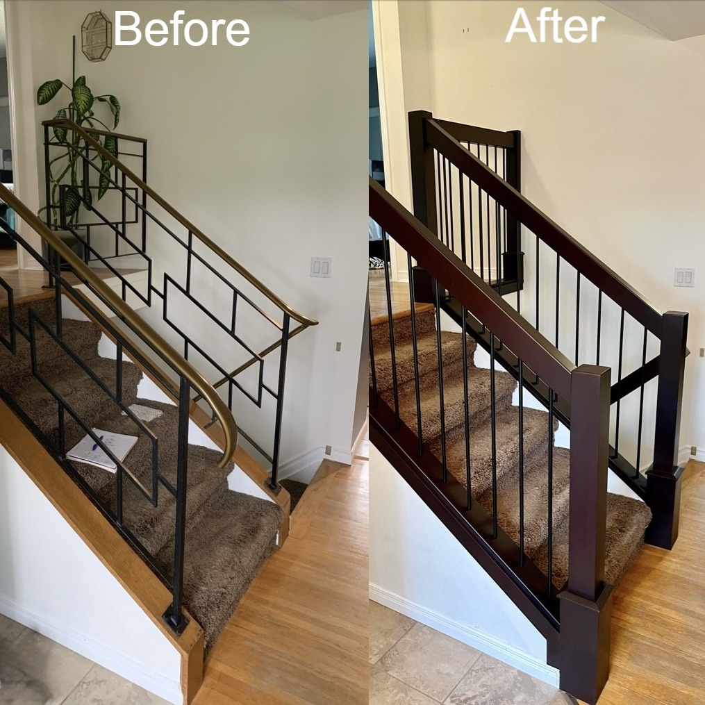 Before and after photo of a stair railing renovation we did recently. Simple design, yet it stands out as the center piece rather then an outdated iron rod railing.
#gwrailings #interiorrailing #maplerailing #woodrailing #beforeandafter #Regina #TBT
