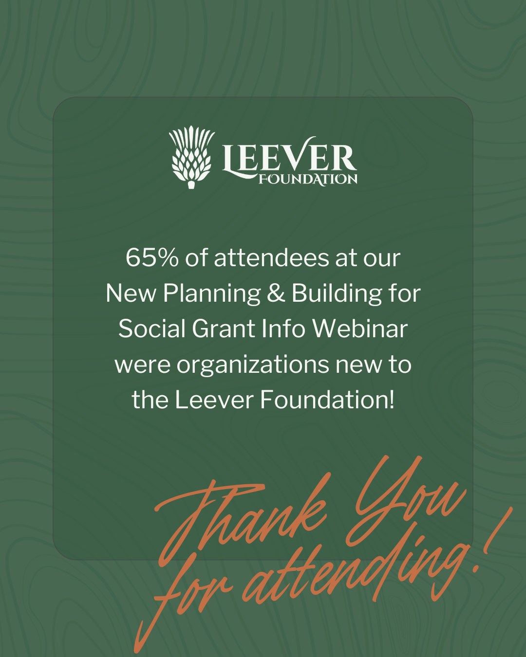 Thank you to everyone who joined our webinars for the new Planning and Building for Social Justice Grant Opportunity! š 65% of registrants were new to the Leever Foundation. We're excited to build these new connections and grow this work together. šŖš¾āØ
#SocialJustice #GrantOpportunity #LeeverFoundation