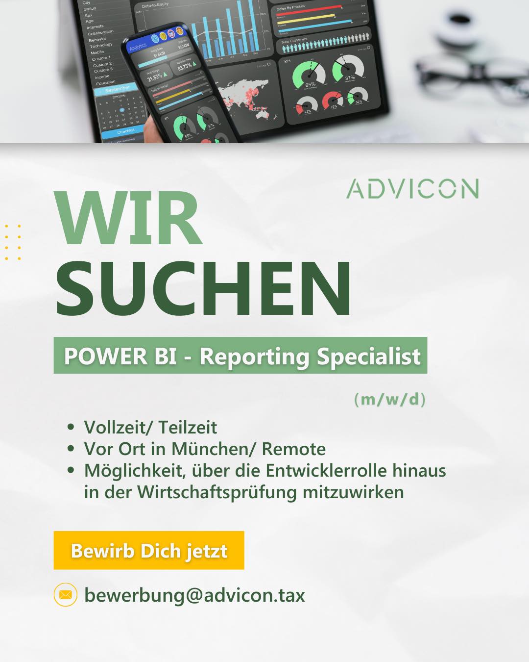 🚀 Bring deine Power BI Skills in unser Team!
Du hast bereits Erfahrung im Power BI Reporting sowie in der Datenmodellierung und -visualisierung gesammelt und bist bereit, deine Fähigkeiten weiter auszubauen? Bei uns kannst du nicht nur Power BI-Berichte und Dashboards entwickeln und optimieren, sondern auch aktiv an der Transformation und Visualisierung von Datenquellen mitarbeiten. 💻
Das Besondere bei uns: Wenn du über die klassische Entwicklerrolle hinaus in die Wirtschaftsprüfung eintauchen möchtest, bieten wir dir eine individuell gestaltete Stellenaufteilung!
🔗 Bewirb dich jetzt und werde Teil unseres Teams!
Hier findest du weitere Infos zur Stelle:
https://www.advicon.tax/career/jobs/powerbi-specialist
#PowerBI #DataAnalytics #ReportingSpecialist #Wirtschaftsprüfung #Rechnungslegung #Karriere #Jobangebot #München