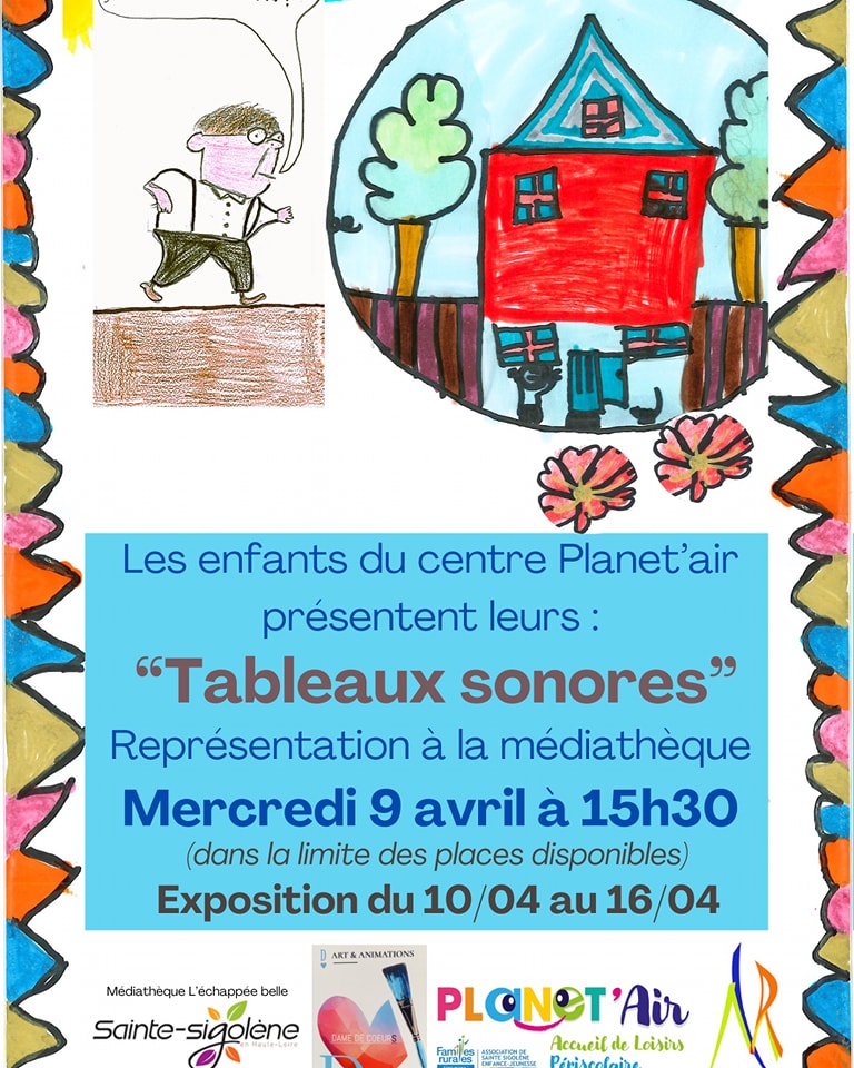 Les enfants de l' accueil de loisirs #planetair vous convient à leur spectacle Tableau sonore. En partenariat avec la #médiathèque l échappé belle de #saintesigolene.
Mercredi 9 avril à 15h30
