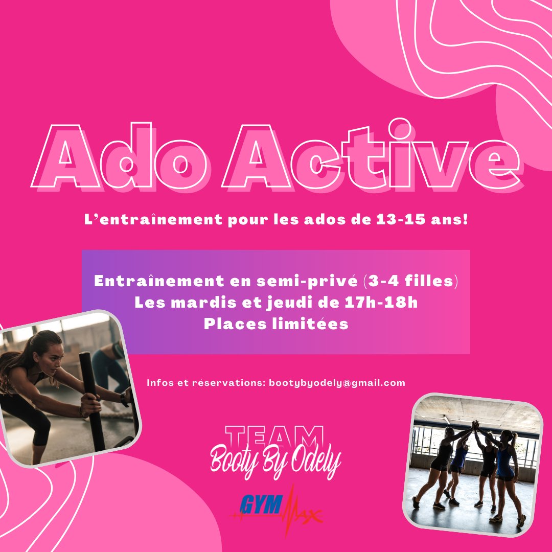 Vous avez une jeune ado qui aimerait débuter l'entraînement en salle de musculation et devenir plus active ? Notre nouvelle classe Ado Active est un groupe semi-privé visant à accompagner et éduquer les adolescentes au bon fonctionnement des appareils de musculation et à l'apprentissage de différents exercices en toute sécurité.
Ado Active, c'est pour qui ?
🌸Jeune fille de 13-15 ans
🌸Intérêt à la musculation et à l'entraînement
🌸Désir de se dépasser et devenir plus forte
🌸S'entraîner avec quelques filles partageant le même intérêt
🌸Aucune expérience ou compétence en sport nécessaire, nous sommes là pour te guider
🌸Groupe motivant et accueillant, où tous les niveaux d'expérience sont les bienvenus
🌸Excellent cours pour aider avec le développement et estime de soi
Nos classes auront lieu au Gym Max de Gatineau. Si ça vous parle, envoyez-nous un email afin de recevoir toutes les informations. Ce cours est une nouveauté et nous sommes limitées à quelques places seulement afin que nos jeunes filles aient toute l'attention et le soutien nécessaire de la part de l'entraîneure.