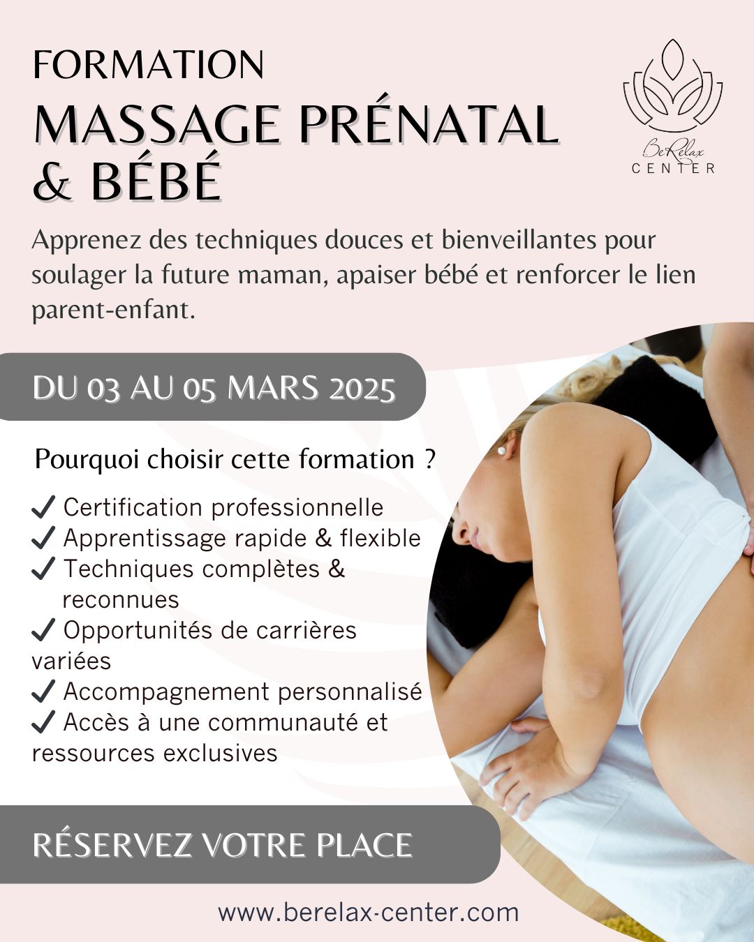 🤰👶 Accompagnez la future maman et son bébé avec des gestes bienveillants ! 💆♀️✨
Vous souhaitez apprendre à masser les femmes enceintes et les nourrissons avec des techniques douces et sécurisées ? Notre formation Massage Prénatal & Bébé est faite pour vous !
🌿 Pourquoi choisir cette formation ?
✔ Soulager les tensions de la grossesse et favoriser la relaxation.
✔ Apprendre des gestes adaptés pour accompagner la future maman en toute sérénité.
✔ Découvrir le massage bébé pour renforcer le lien parent-enfant.
✔ Formation certifiée, adaptée aux professionnels du bien-être et aux particuliers.
💫 Un savoir-faire précieux pour offrir des instants de bien-être uniques !
📩 Infos & inscriptions en message privé !
Offrez douceur et réconfort dès les premiers instants de vie. 🌸💖
#MassagePrénatal #MassageBébé #FormationBienEtre #BienNaître #PraticienBienEtre #BienEtreMaman #Naissance #MassageDouceur #Massothérapie #BeRelaxCenter #FormationMassage #berelaxcenter