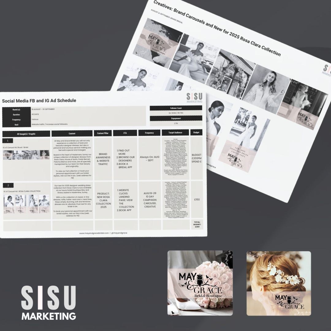 ๐โจ Excited to showcase our latest project for May & Grace Bridal, a stunning local bridal boutique!
We had the pleasure of creating captivating assets and advertisements for their META paid media campaigns, designed to showcase their exquisite collections and attract brides-to-be.
Our aim was to spotlight the elegance and unique styles available, helping May & Grace connect with their dream clientele.
You can view their gorgeous collection by appointment only at May & Grace Bridal, Wey Hill, Haslemere, Surrey.
#MayAndGraceBridal #BridalBoutique #WeddingInspiration #WeddingDress #PaidMedia #MarketingAgency #BridesToBe #SocialMediaCampaign #LocalBusiness #BridalFashion #sisumarketing #advertisingandmarketing