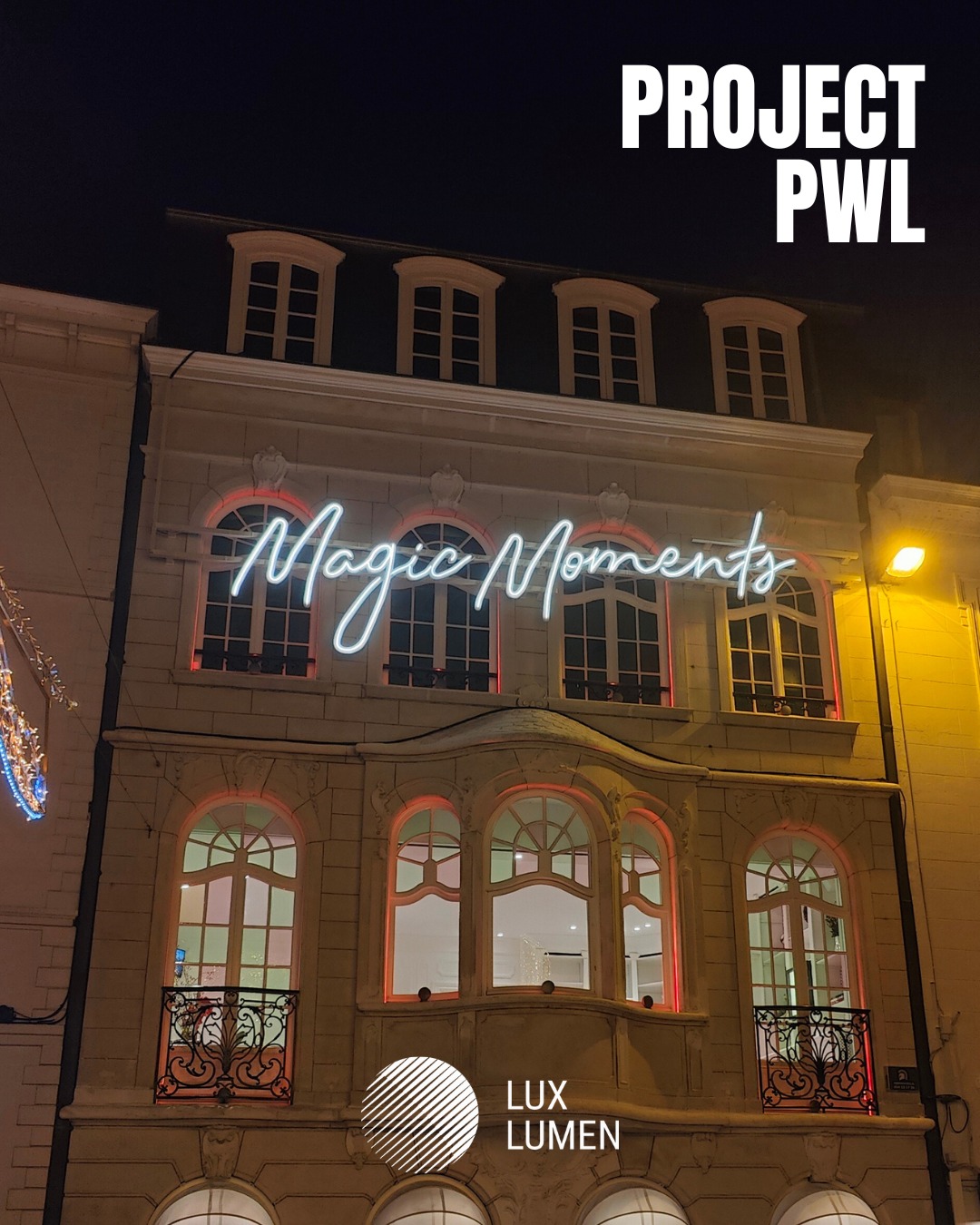 Magic Moments – Festive façade lighting for Hasselt
For the holiday season, Franssen Juwelier in Hasselt featured a striking custom installation. 1.2m-high illuminated letters, appearing as if written across the façade, added a refined yet festive touch to the city.
✔ Custom-designed pixelated tunable white LED strips in a neon shape
✔ Mounted on a white backing for a clean, floating effect
✔ Modular design for easy installation and storage
Design and programming by @pwl_be
📸 by Painting With Light
Client: @franssenfinejewelry
#LightingDesign #CustomLighting #MagicMoments #FaçadeLighting #Hasselt #LuxLumen