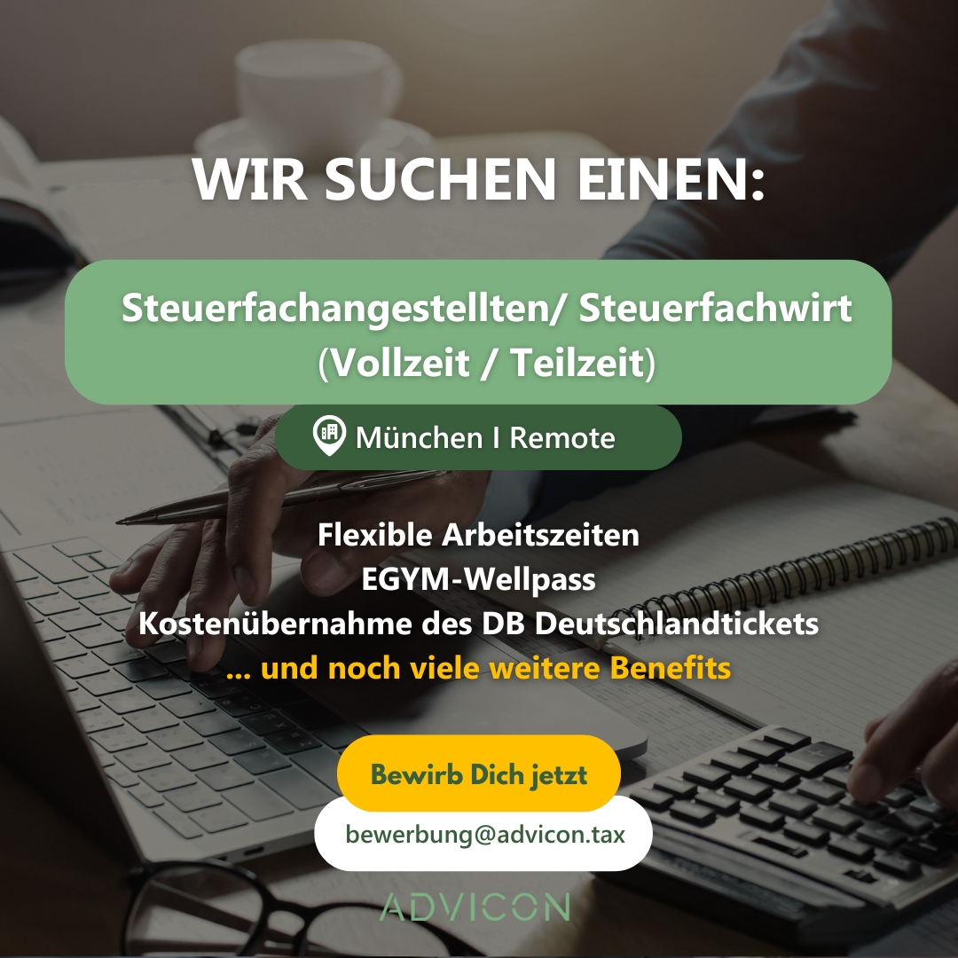 Werde Teil unseres Teams! 📢
Bist du Steuerexperte und möchtest deine Karriere auf das nächste Level heben? Als nachhaltige und digitale Kanzlei setzen wir auf innovative Arbeitsweisen, um uns stetig weiterzuentwickeln und herauszustechen. Wenn du in einem zukunftsorientierten Umfeld arbeiten möchtest, bist du bei uns genau richtig! 🌱✨
Hier findest du weitere Infos zur Stelle: https://www.advicon.tax/career/jobs/assistant-tax-consultant
#Steuerfachangestellter #Steuerfachwirt #Steuerexperte #MünchenJobs #KarriereMünchen #Karriere #ADVICON