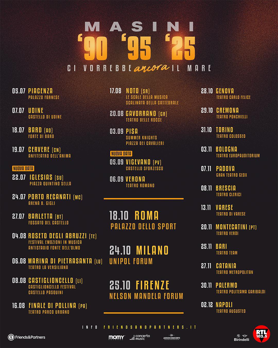 Si aggiungono due nuove tappe al Ci Vorrebbe Ancora Il Mare Tour!
22 LUGLIO – PIAZZA QUINTINO SELLA – IGLESIAS (SU)
5 SETTEMBRE – CASTELLO SFORZESCO – VIGEVANO (PV)
Due appuntamenti speciali che si uniscono a questo tour per me così importante, in un anno in cui festeggio 35 anni di musica, emozioni e condivisione 🫂
Vi aspetto!
🎟️ I biglietti saranno disponibili da oggi alle 16 su TicketOne.it e nei punti vendita abituali.
#MarcoMasini #CiVorrebbeAncoraIlMare @friendsandpartners @momyrecords @concerto.official @birindelliauto @rtl1025