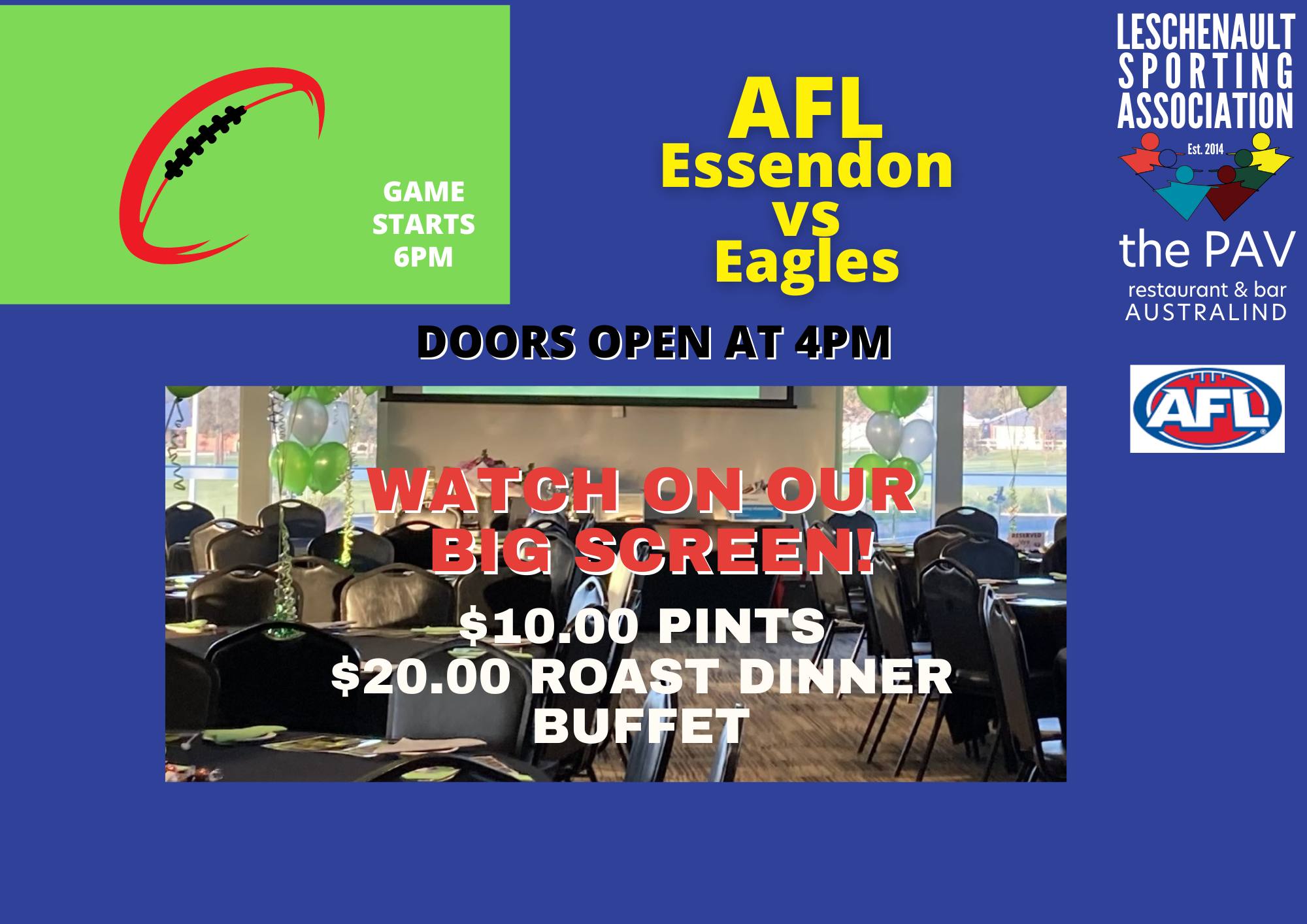 Come and join us Saturday night 4th May to watch Essendon and Eagles on the Big Screen. Game Kicks off at 6pm.
Enjoy a Roast Buffet $20.00 and Pint of cold beer for $10.00!