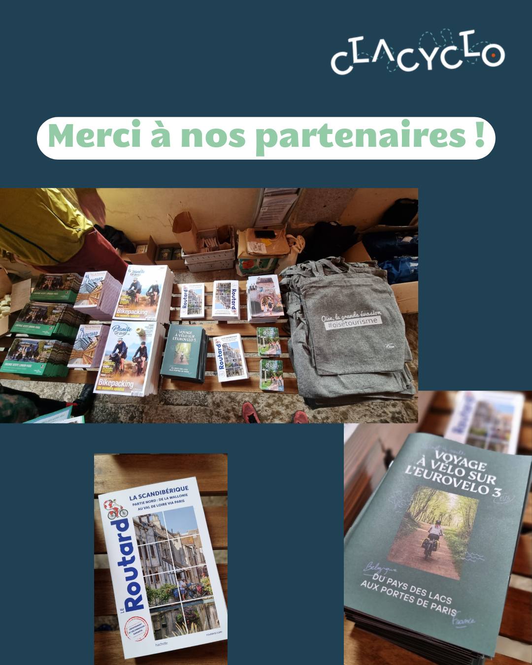 Un mois après la fin de la #clacyclo2024, nous souhaitons remercier nos partenaires, grâce à qui nous avons pu offrir de nombreux lots encore cette année !
🚲@jaimelaisne pour les deux tentes offertes !
🚲@oisetourisme qui a offert un séjour pour 2 personnes !
🚲@la_vie_est_belt pour ses porte-clés en pneus recyclés
🚲@exploremeuse pour ses guides, des tote-bag et des gourdes
🚲@gofluo , pour ses vestes... fluos !
🚲@veracycling pour ses gapettes toujours si 😍
🚲@savonsarthur pour avoir offert aux clacyclistes de quoi sentir bon en rentrant
🚲@planete_gravel pour ses magazines
🚲 @ruedelechiquier pour sa BD "le Tour de Belgique de M. Lou"
🚲@tousenselle.eu pour les places pour son festival d'aventure à vélo
🚲 @motto.ride pour des casques pliants
Merci à eux et bravo aux gagnants des concours !