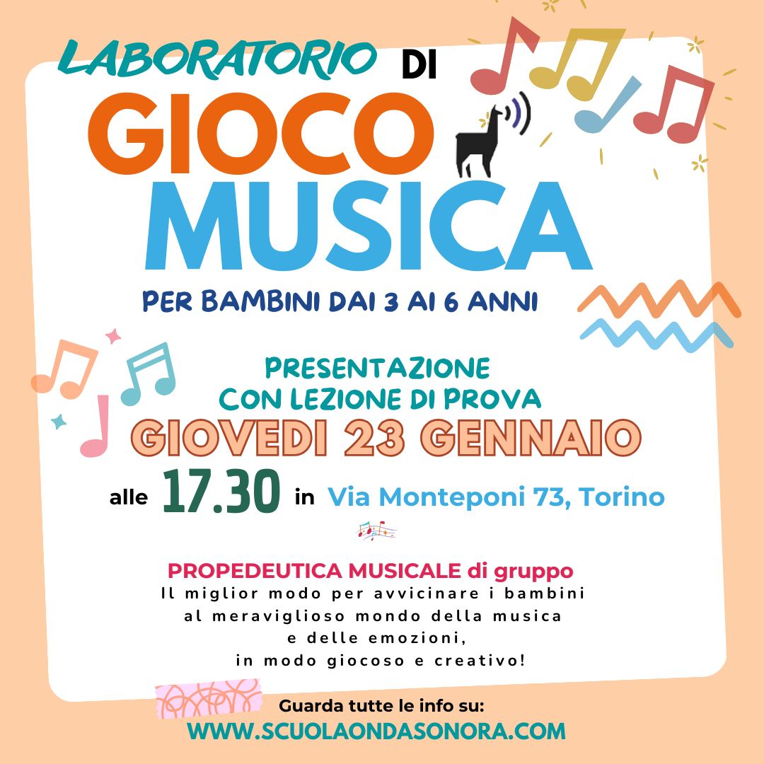 🎼 Nuovo corso di MUSICA PER BAMBINI di gruppo!
🌈 dai 3- ai 6 Anni
🪇 A Mirafiori!
Questo laboratorio è pensato per far scoprire ai bambini il meraviglioso mondo della musica in modo giocoso e creativo, concentrandosi non solo sull'aspetto musicale, ma anche sulla scoperta delle emozioni.
🎵🎵🎵
PRESENTAZIONE DEL CORSO: Giovedi 23 alle 17.30 nella nostra sede di Via Monteponi 73, Torino.
🪘🎹🥁
NON PUOI PARTECIPARE alla presentazione?
Non c'è problema!
Scrivici, e organizzeremo una lezione di prova per il tuo bimbo/a.
🎶🥁🪘🪇🎹
Per tutte le info: www.scuolaondasonora.com/propedeutica-musicale