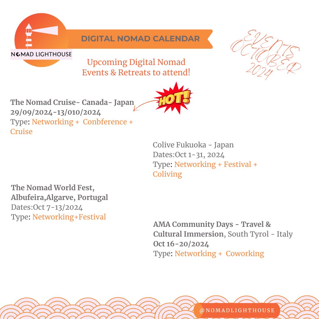 Our Digital Nomad Events calendar has been updated with new exciting events in October! 🌍 Discover in-person meetups, coliving experiences, workshops, retreats and more around the world during this month! And if you missed the Nomad Cruise you can still meet the tribe in Asia afterwards :) #NomadLife #digitalnomads #nomadevents #nomadsineurope #digitalnomadlifestyle #nomadfriends #FaceToFaceMeetups #GlobalGatherings #NomadConnections