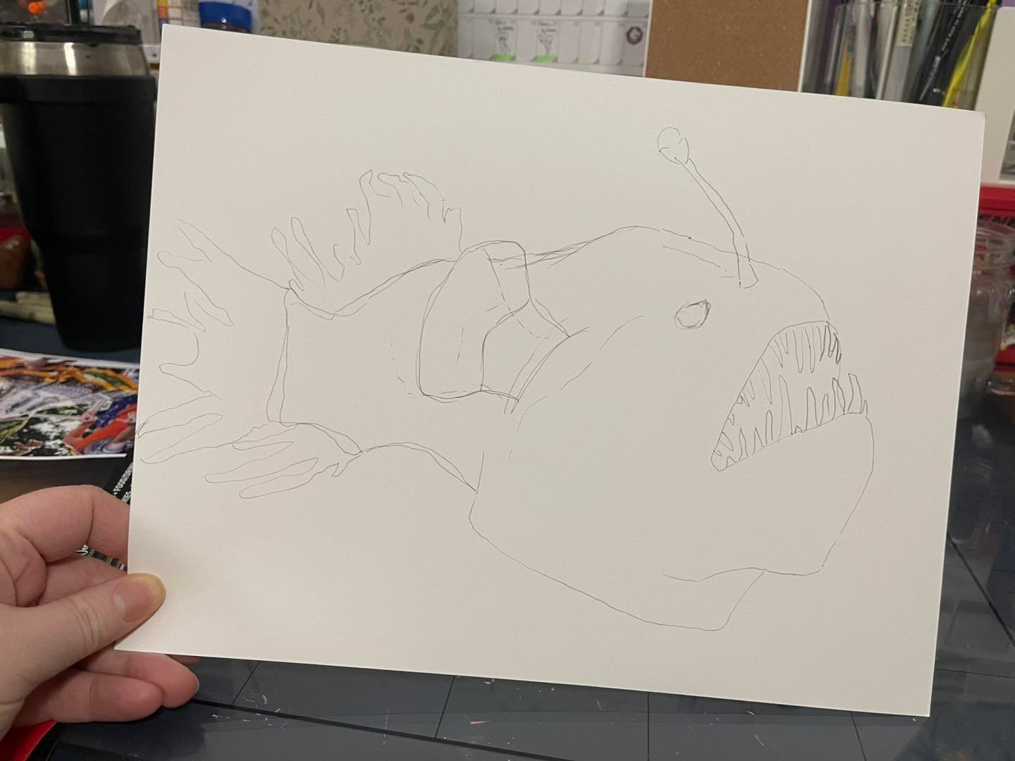 Not quite sure if this piece is finished but I felt inspired to play. Play with my art materials and try new techniques, have zero expectations and just go with the process. I am thinking of adding textural elements. Buttons or fabric maybe? 🤔 #anglerfish #blackanglerfish #raresighting #playingwithart #trusttheprocess #artprocess #technique #artmaterials #creativereuse #recycledmaterials #recycledmaterialsart #recycledmaterialsartwork