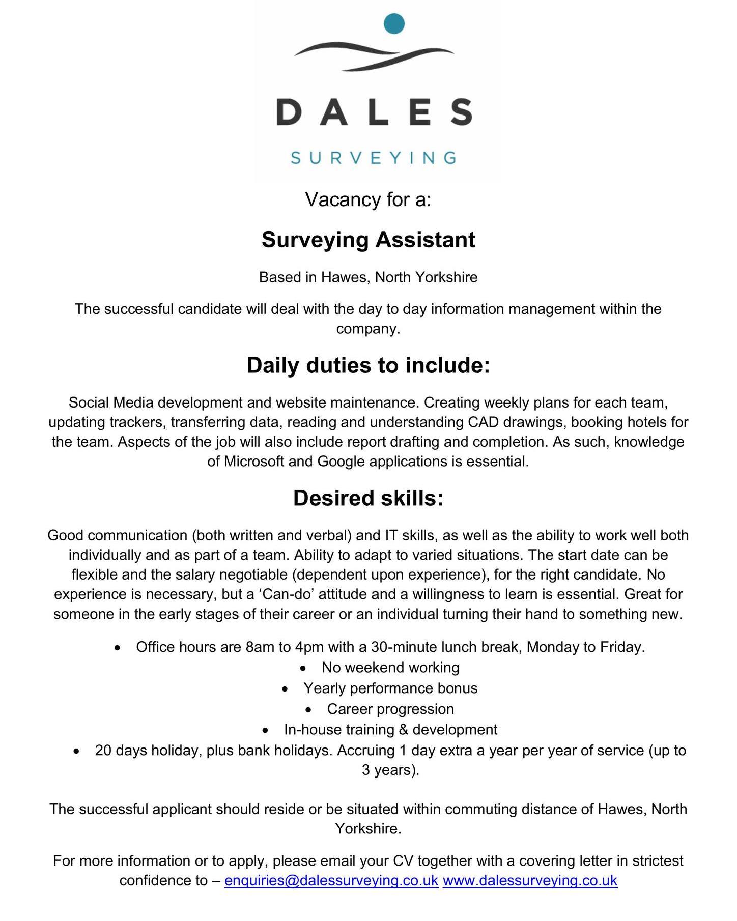 ✨Job Opportunity - Surveying Assistant✨
We are currently recruiting.
📍Hawes, North Yorkshire.
Find out more 👇
www.dalessurveying.co.uk or email enquiries@dalessurveying.co.uk