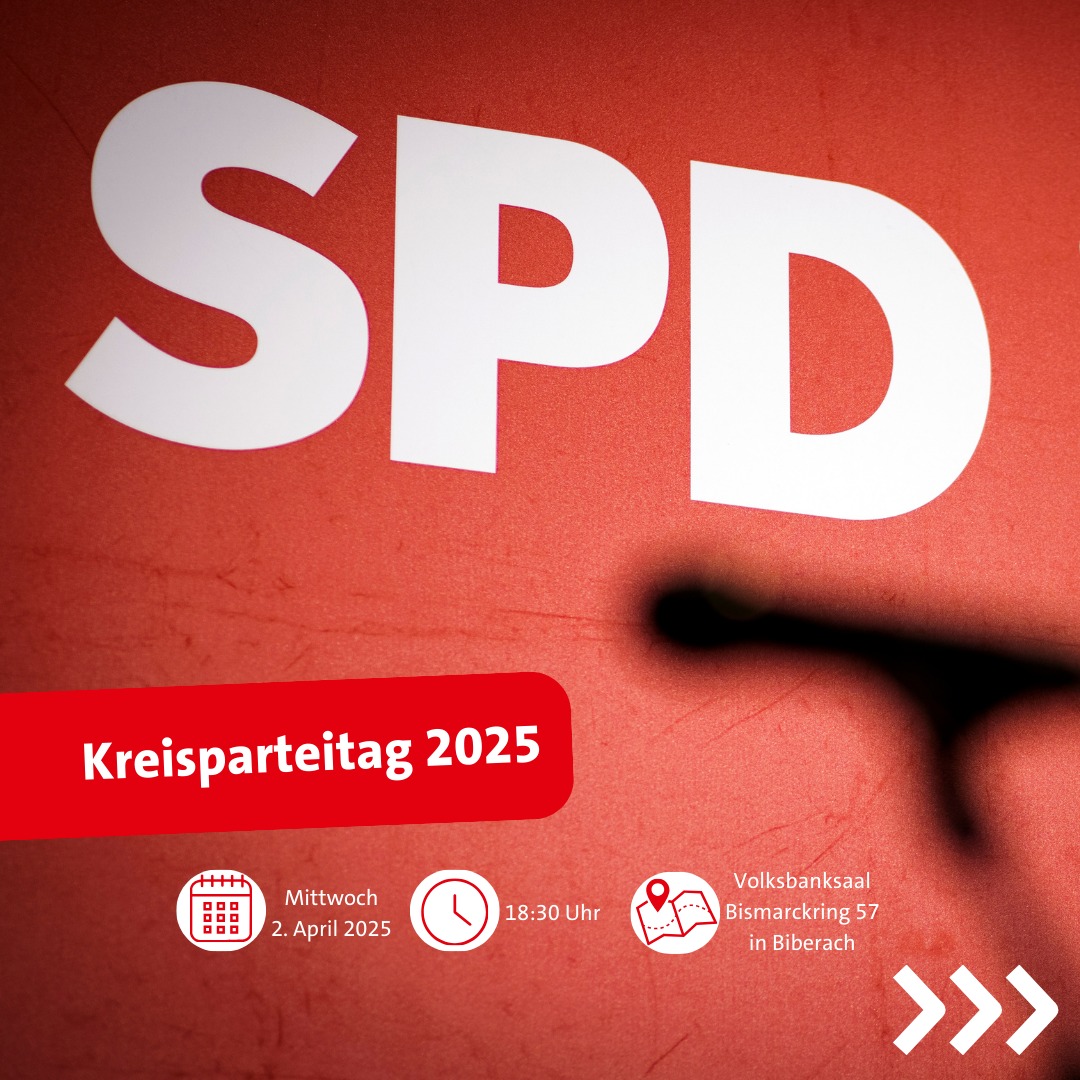 Unser Kreisparteitag 2025 steht an! 🌹
Dabei werden wir mit dem Blick zurück das Ergebnis der Bundestagswahl besprechen. Nach dem Input unseres Bundestagsabgeordneten @martingerster.spd werden wir über die laufenden Koalitionsverhandlungen diskutieren. 🗳
Mit dem Blick nach vorne nominieren wir anschließend unsere Kandidatin / unseren Kandidaten zur Landtagswahl 2026. 🚀
Wir laden herzlich alle Mitglieder zum Kreisparteitag ein. 🌹
#landkreisbiberach #badschussenried #badbuchau #spdbw #laupheim #spd #riedlingen #federsee #biberach #sozialepolitikfürdich #illertal #DeineStimmeZählt #bundestagswahl