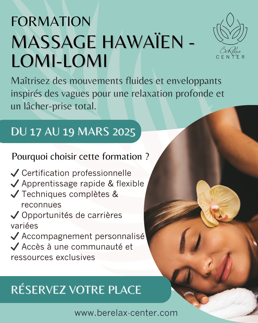 🌊✨ Offrez un voyage sensoriel unique avec le massage Lomi Lomi ! 💆♀️🌺
Plongez dans l’univers du massage hawaïen, un soin fluide et enveloppant qui recrée le mouvement des vagues pour une relaxation profonde et un lâcher-prise total.
🌿 Pourquoi suivre cette formation ?
✔ Maîtriser des mouvements longs et fluides inspirés de la nature.
✔ Apprendre un massage énergétique et harmonisant.
✔ Offrir une expérience immersive de bien-être.
✔ Formation certifiée, accessible aux professionnels et aux passionnés.
💫 Un art ancestral pour une détente physique et émotionnelle profonde !
📩 Infos & inscriptions en message privé !
🌺 Laissez-vous porter par l’énergie des vagues et faites voyager vos mains ! 🌊✨
#MassageHawaien #LomiLomi #FormationMassage #MassageBienEtre #RelaxationProfond #Massothérapie #BienEtre #FormationBienEtre #BeRelaxCenter