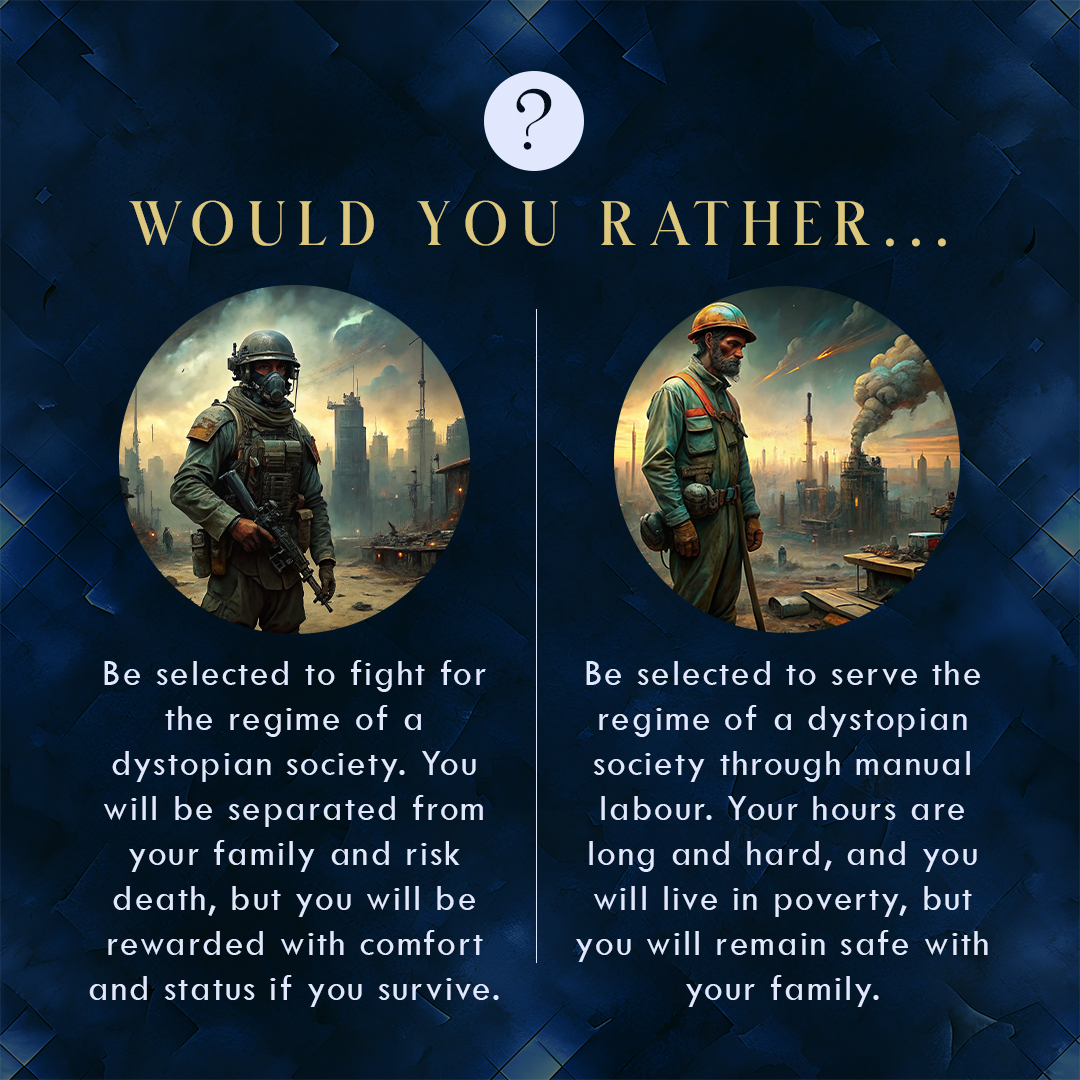 Would you rather be selected to fight for the regime of a dystopian society (you will be separated from your family and risk death, but you will be rewarded with comfort and status if you survive)—OR—would you rather be selected to serve the regime of a dystopian society through manual labour (your hours are long and hard, and you will live in poverty, but you will remain safe with your family).
This question was inspired by Rift by Andreas Christensen, a sci-fi dystopian I read a little while back and loved for the author’s world-building. For myself, I’d have to say option one—I’d rather be selected to fight for the regime, but only so I could learn skills I could later use against them 😏 What can I say? I like to think I have main character energy.
What would you choose?
(Note: This post was scheduled long before the election results. I hate that it doesn't feel like such an innocent thought experiment now.)
#writingmood #noveleditor #indiesareworthit #amwriting #writingmotivation #instawrimo #writersblock #freelanceeditor #writinglife #bookeditor #aspiringauthor #writingtips #writingadvice #amediting #writerscommunity