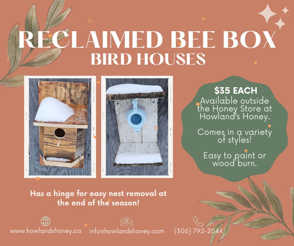 ๐โจ Give new life to reclaimed bee boxes with Howland's Honey! Our eco-friendly birdhouses, priced at just $35, are designed with a convenient hinge for easy nest removal at the end of the season. Perfect for your creative touch, these houses can be painted or wood burned to match your style. Let's support our feathered friends while honoring our busy bees! ๐ฆ๐ฟ #HowlandsHoney #EcoFriendly #Birdhouse #ReclaimedWood #supportlocal