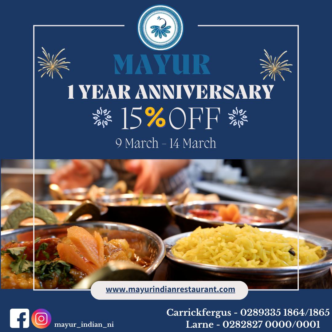 Come and celebrate ONE YEAR anniversary of Mayur Indian Larne with us. To thank you for the support we would like to offer you โ15% OFFโ on sit-in A la-Carte Menu from 9th March - 14th March.
๐For Reservation, please call us now :
Carrickfergus : 028 9335 1864/1865
Larne : 028 2827 0000/0001๐
or book online at https://www.mayurindianrestaurant.com/reservations
or send us a message via Facebook or Instagram (mayur_indian_ni)
Note : The offer excludes takeaway and Early Bird Menus.
#Mayur #Loved #larne #cobra #anniversarygift #Menu #indiancuisine #indianfood #love #curriesofindia #foodie #desimasala #cobra #karahi #drinks #winelover #foodtasting #thankyouforyoursupport #grateful #currylover