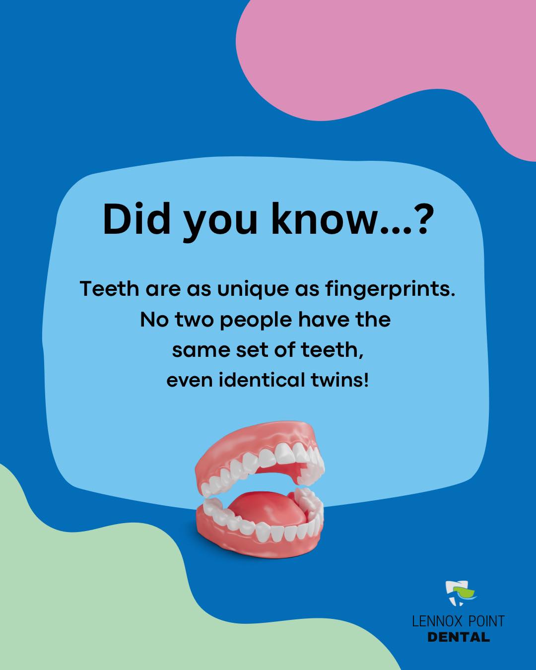Fun fact, just like our fingerprints, our teeth are uniquely ours!
Every smile tells a different story, even identical twins.
#unique #smile #loveyoursmile #OwnYourSmile #dentalfunfacts #uniquelyyou #localdentist #lennoxhead #lennoxpointdental