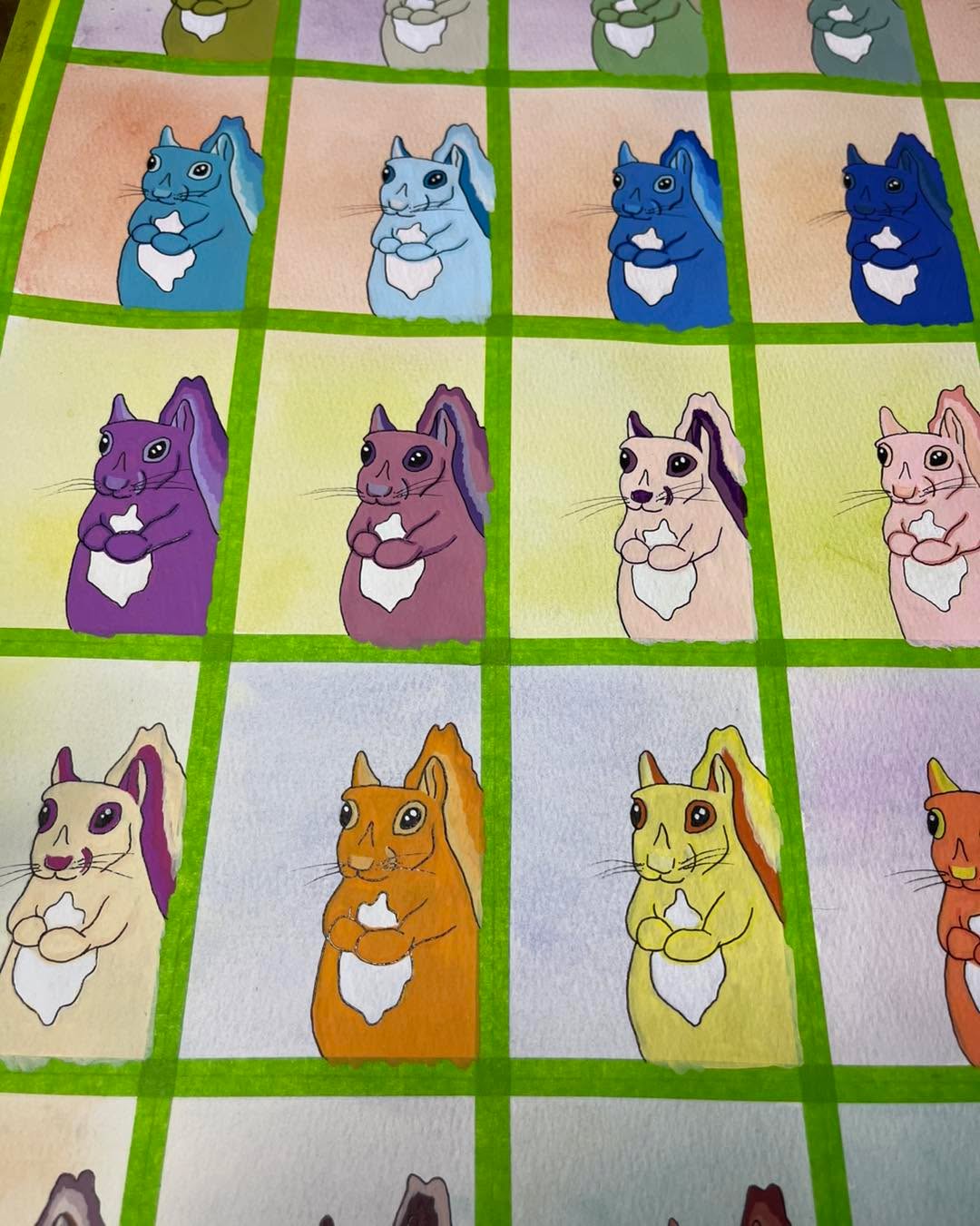 It’s all coming together!! Do you have a favorite? ❤️ #squirrels #acrylicpainting #acrylicpaintmarkers #posterart #rainbow