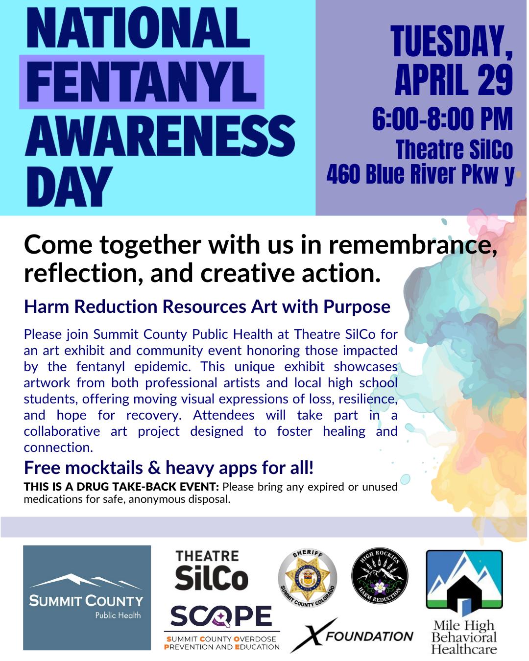 National Fentanyl Awareness Day | Tuesday April 19th from 6-8pm @theatresilco
Join Summit County Public Health for a powerful evening of art, awareness, and action. Experience a moving exhibit featuring work by local high school students and professional artists — all reflecting on the impact of the fentanyl crisis.
✨ Free mocktails + heavy apps
🖼️ Art that speaks volumes
💊 Got unused meds? Bring them for safe, anonymous disposal.
Let’s honor lives, spark change, and come together as a community. See you there.
#summitcounty #nationalfentanylawarenessday