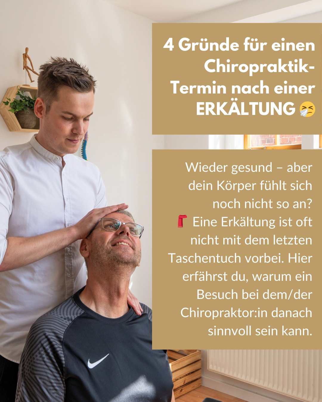 Die Erkältungswelle ist immer noch aktuell - Wenn auch du betroffen warst oder bist, kann dir im Anschluss daran ein Chiropraktik-Termin helfen!
Denn Beschwerden wie Kopfschmerzen, Nackenverspannungen oder eine eingeschränkte Atmung können noch eine Weile bestehen bleiben. Kein Wunder: Husten, Niesen oder verstopfte Nebenhöhlen belasten den Körper mehr, als man denkt.
In diesem Post zeigen wir dir 4 Gründe, warum ein Chiropraktik-Termin nach einer Erkältung sinnvoll sein kann – um dich wieder ganz wohl in deinem Körper zu fühlen und die letzten Beschwerden loszuwerden. 🙌
📍 ChiroDynamik Potsam
📅 Buche deinen Termin über den Link in der Bio oder schreibe uns eine DM!
#Chiropraktik #Schmerzfrei #Gesundheit #Beweglichkeit #chirodynamikpotsdam #wohlbefinden #chiropraktor #chiropraktiker #chiropraktikpraxis #rückenschmerzen #manuelletherapie #erkältung