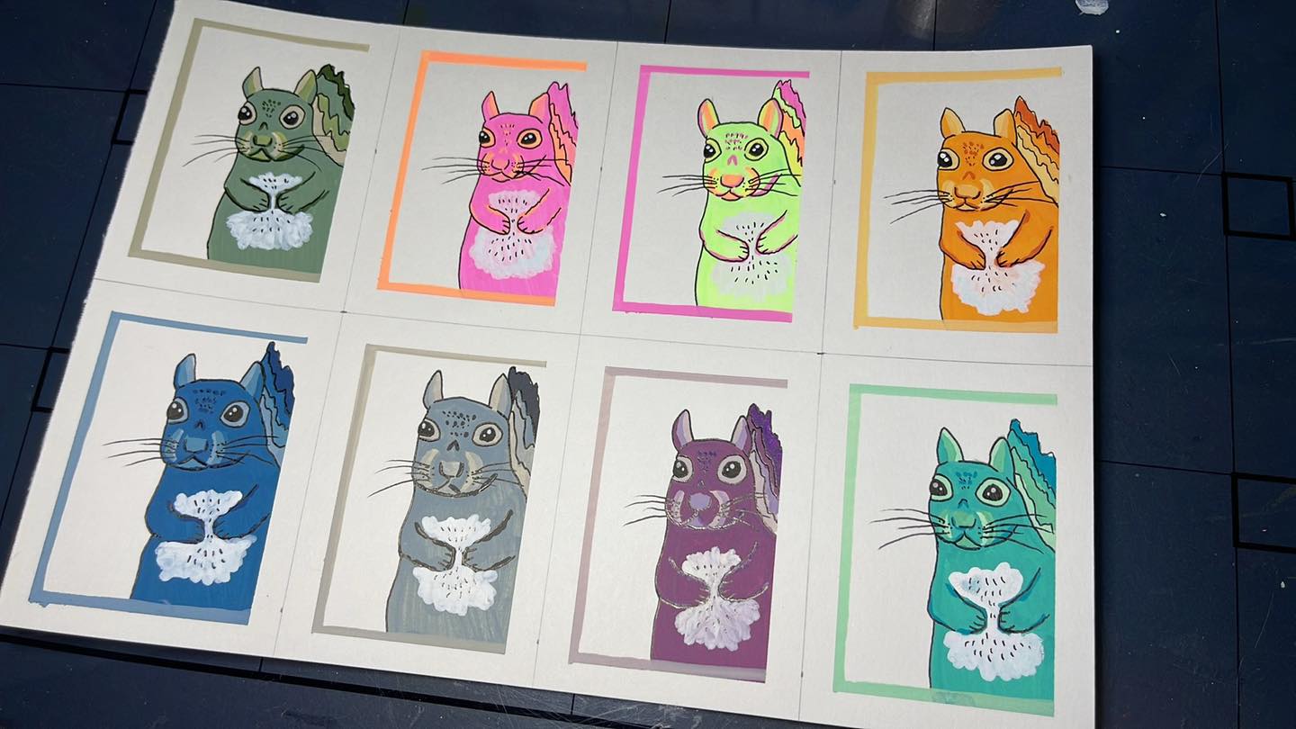 I am obsessed with these new acrylic paint markers. There are 168 in total. I just keep using different color combos to make these mini squirrel artist trading cards. #squirrel #artists #artisttrafingcards #acrylicpaintmarkers #squirrellove
