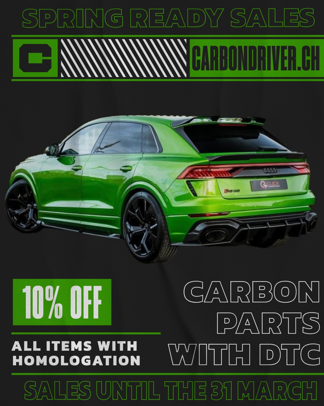 🔥 FLASH SALE CARBON DRIVER 🔥
-10% OFF ALL our homologated carbon fiber parts until March 31st! 🏁
Elevate your car with our Swiss-homologated parts:
• Spoilers
• Front Lips
• Diffusers
• Side Skirts And much more...
✅ DTC Homologation included
✅ Satisfied or get your money back
⚡️ Promo code: SPRING10
Don't miss this unique opportunity to get your car ready for spring !
#CarbonDriver #CarbonFiber #SwissAlpinePerformance #SwissCars #AudiAddicts #audi #audirsq8 #AUDINATION