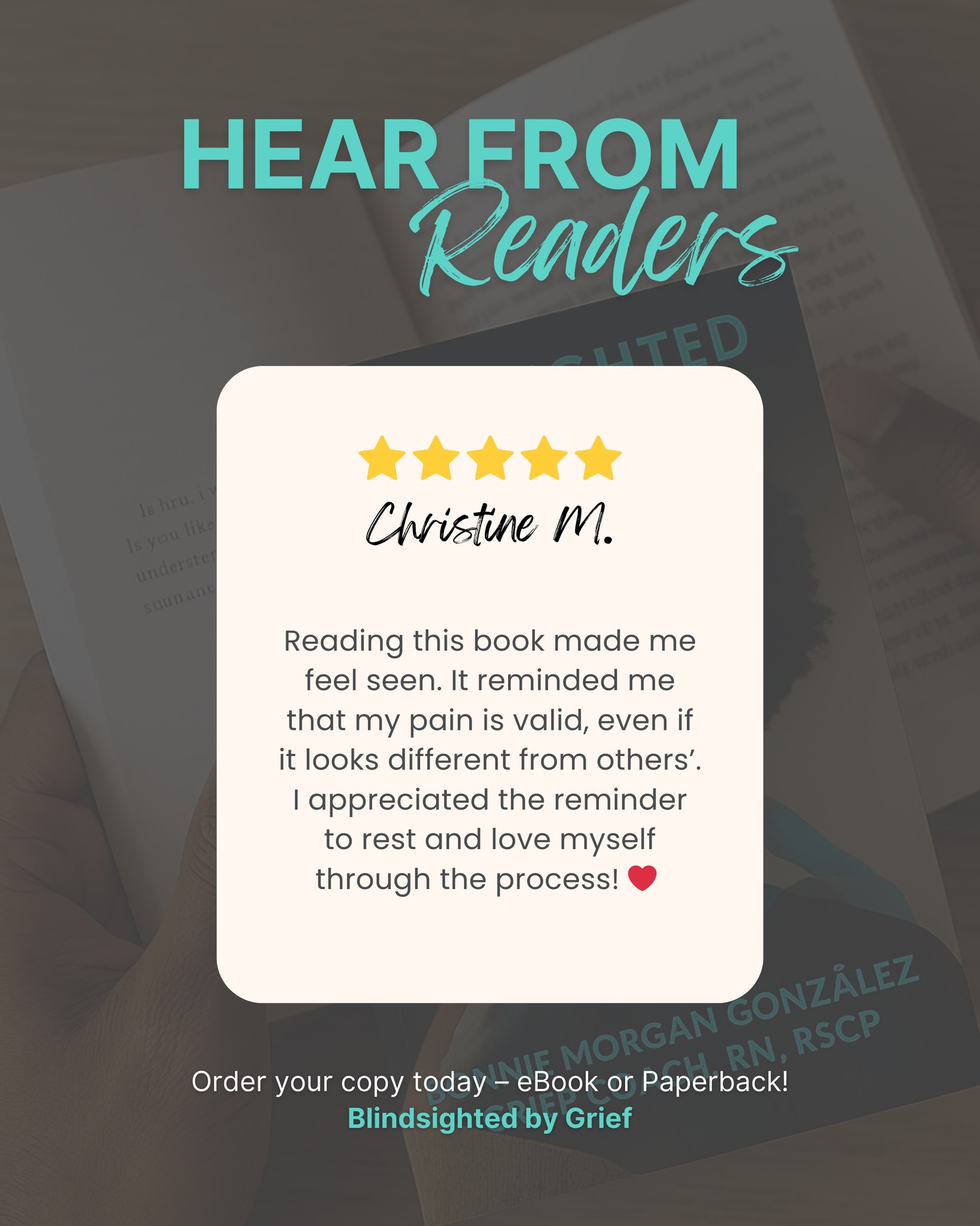 This book was written to meet you in the middle of your grief, just like it did for Christine! ❤
Have you read my book, Blindsighted by Grief?
If so, I’d love to know how it made you feel.
Share your thoughts, reflections, or a favorite moment. I’d be honored to hear your story.
Blindsighted by Grief is out now!
Get it on Amazon: https://a.co/d/gY9ASts
Get it on other major platforms: https://books2read.com/blindsightedbygrief
#BlindsightedByGrief #GriefSupport #HealingJourney #NowAvailable #GriefHealing #EbookAndPaperback #YourDoulaforGrief #BonnieMorganGonzalez #BonnieGonzalez #GriefCoaching #GriefCounselling #Amazon #BarnesandNoble #BooksAMillion