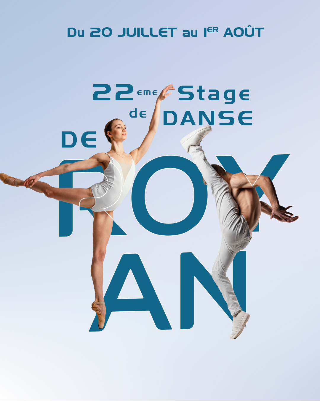 La CND Nouvelle Aquitaine Nord présente son 22ème stage de Danse de Royan
du 20 juillet au 1er Août 2025 :
1ère semaine “STAGE” du 20 au 25 juillet 2025
FORFAIT Illimité
Classique : Floriane Blitz - Éric Quilleré
Contemporain : Mathieu Geffré - Peter Mika
Jazz : Alain Gruttadauria - Sadok Khechana
Barre au sol : Bruno Agati
Forfait JUNIOR
Classique : Carole Massoutié
Contemporain : Chloé Moynet
Jazz : Mélissa Béret
Comédie Musicale : Bruno Agati
2ème semaine “Chorégraphique”
du 27 juillet au 1er août
Chorégraphes :
Mathieu Geffré - Alain Gruttadauria
Gianluca Falvo - Olga COBOS
Internat & Restauration sur place
Spectacles de fin de Stage
information et inscription sur www.cnd-poitou-charentes.com
CND Nouvelle Aquitaine Nord
48 rue Saint Antoine 16160 GOND-PONTOUVRE