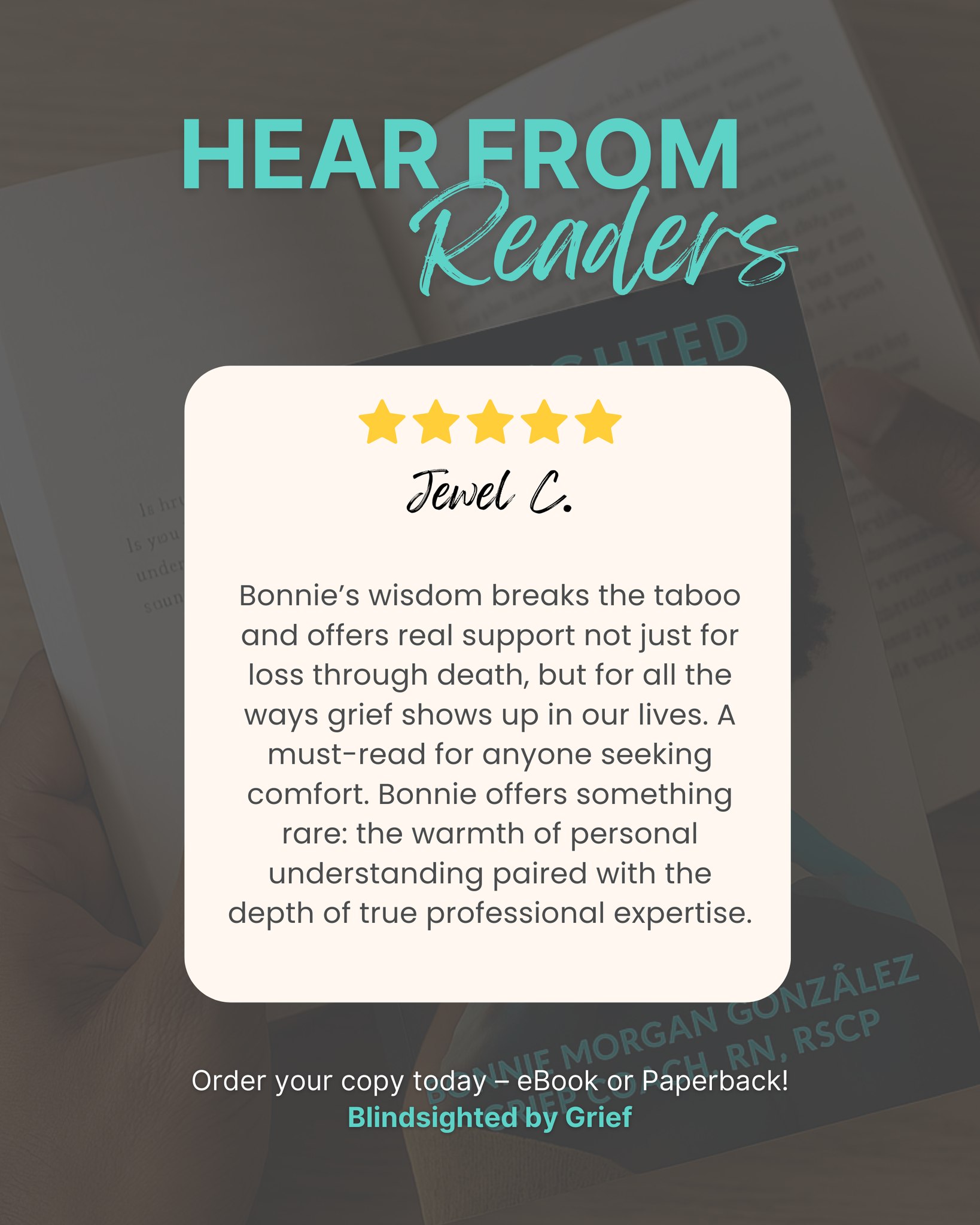 So often, we think grief only belongs to death. But grief shows up in so many ways: transitions, heartbreak, lost dreams, even versions of ourselves we've outgrown.
I wrote this book to offer comfort, clarity, and compassion for the unspoken moments we carry.
Thank you, Jewel, for seeing the heart of this work. Your words remind me why I chose to share mine. 💛
Order your copy through major platforms or visit www.yourdoulaforgrief.com/book for direct access.
#FromGriefToGrace #HoldingSpace #EmotionalHealing #GriefJourney #HonestConversations #BonnieSpeaks #GriefLooksDifferent #BlindsightedByGrief #YourDoulaforGrief #GriefCounselor
