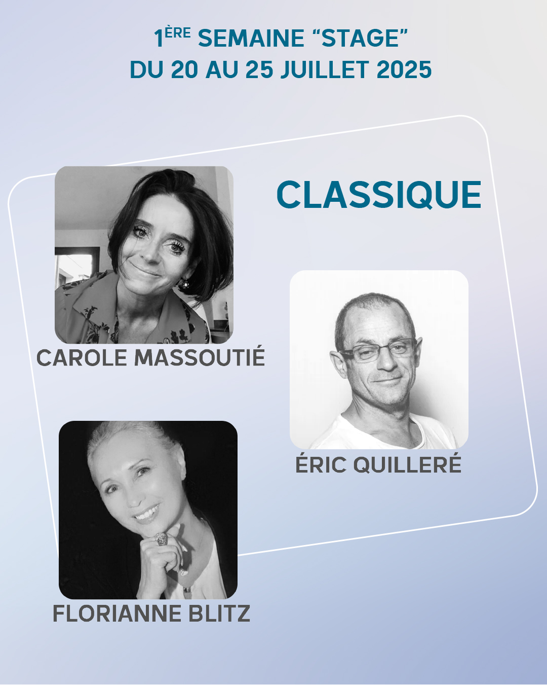 La CND Nouvelle Aquitaine Nord présente son 22ème stage de Danse de Royan
du 20 juillet au 1er Août 2025 :
1ère semaine “STAGE” du 20 au 25 juillet 2025
FORFAIT Illimité
Classique : Floriane Blitz - Éric Quilleré
Contemporain : Mathieu Geffré - Peter Mika
Jazz : Alain Gruttadauria - Sadok Khechana
Barre au sol : Bruno Agati
Forfait JUNIOR
Classique : Carole Massoutié
Contemporain : Chloé Moynet
Jazz : Mélissa Béret
Comédie Musicale : Bruno Agati
2ème semaine “Chorégraphique”
du 27 juillet au 1er août
Chorégraphes :
Mathieu Geffré - Alain Gruttadauria
Gianluca Falvo - Olga COBOS
Internat & Restauration sur place
Spectacles de fin de Stage
information et inscription sur www.cnd-poitou-charentes.com
CND Nouvelle Aquitaine Nord
48 rue Saint Antoine 16160 GOND-PONTOUVRE