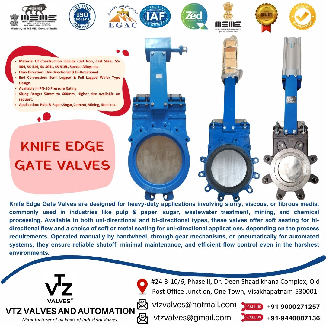 Engineered for slurry and tough mediaโKnife Edge Gate Valves cut through pulp, sludge, and viscous flow with ease. Offered in uni- and bi-directional designs with soft or metal seating.
๐ฉ Connect with us for orders and enquiries:
๐ง Email: vtzvalves@hotmail.com / vtzvalves@gmail.com
๐ Call/WhatsApp: +91-9000271257 / +91-9440087136
๐ Visit: www.vtzvalves.com
#knifeedgegatevalve #slurryvalve #pulpandpaper #wastewatertreatment #sugarindustry #chemicalindustry #valvesolutions #industrialautomation #vtzvalves #madeinindia