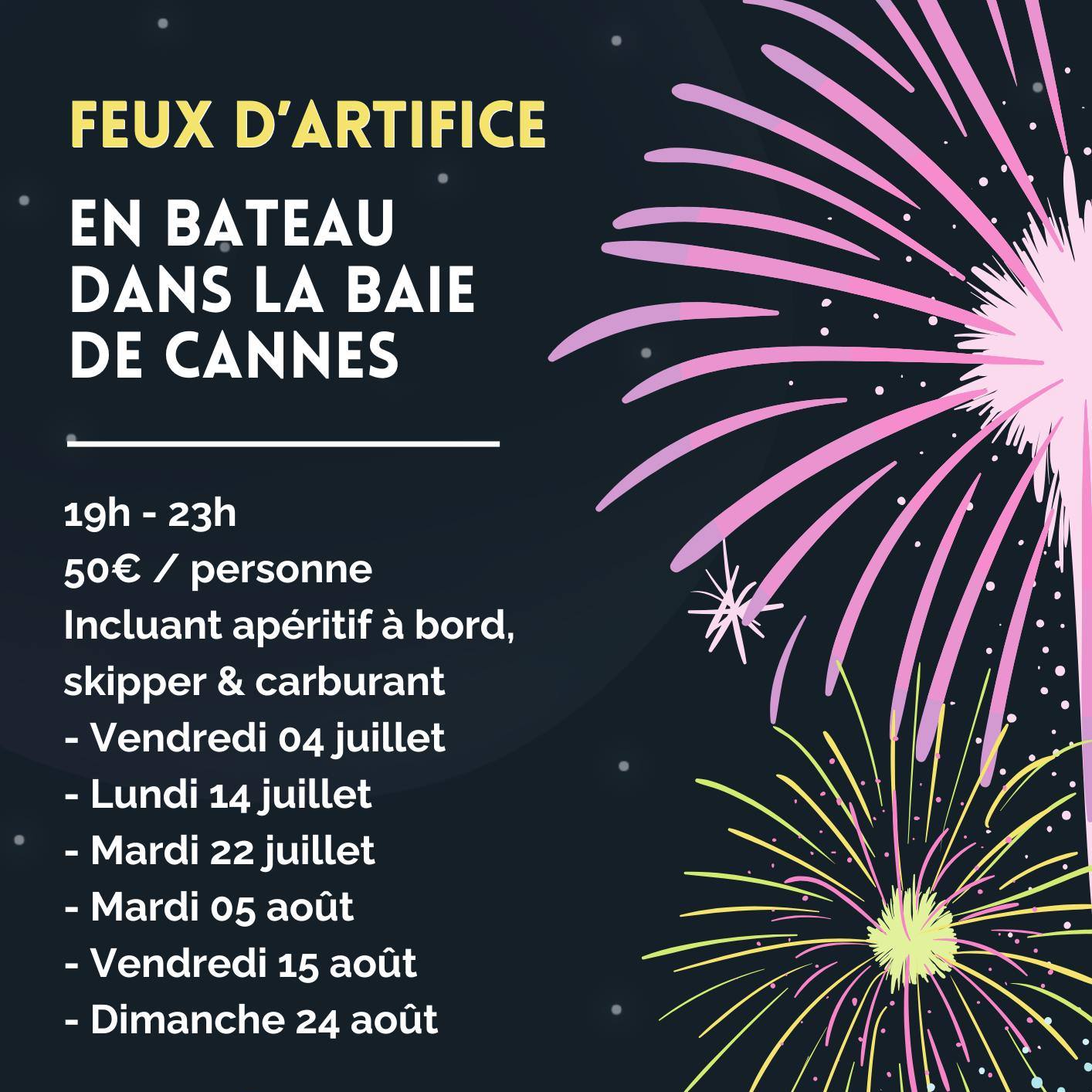 Venez vivre une expérience unique avec nos soirées privées à bord de nos bateaux pour les couchers du soleil et les feux d'artifice dans la Baie de Cannes.
Le programme des feux d’artifice 2025 :
- Vendredi 04 juillet
- Lundi 14 juillet
- Mardi 22 juillet
- Mardi 05 août
- Vendredi 15 août
- Dimanche 24 août
Les soirées se déroulent de 19h à 23h. Le tarif est de 50€ par personne, 8 personnes maximum incluant le carburant, le skipper et un apéritif à bord.
Sacha Boat Services vous invite à embarquer pour un moment magique et inoubliable, où luxe et beauté se rencontrent au cœur de la Côte d'Azur.
Pour réservez, contactez-moi dès aujourd'hui au +33(0)6.30.08.30.31 ou par email : sachaboatservices@gmail.com
#Cannes #fireworks #SaintTropez #Monaco #Boat #yachting #enjoy #life #chill