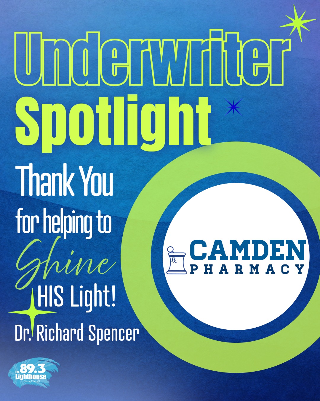 A heartfelt thank you to Camden Pharmacy for their faithful support of The Lighthouse WECC! 💙 We’re so grateful for your partnership as one of our valued underwriters. Your continued generosity helps us share hope, encouragement, and the light of Christ throughout our community. 🌟🙏
