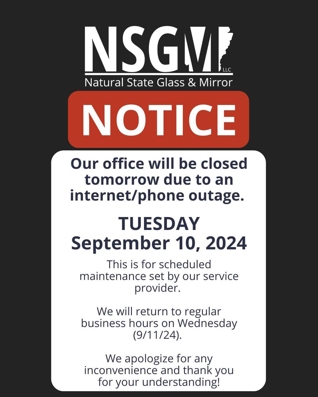 🚨 CLOSED - 9/10/24 🚨
Our office will be closed tomorrow due to an internet/phone outage. We will resume regular business hours on Wednesday (9/11/24). We apologize for any inconvenience this may cause and thank you for your understanding!