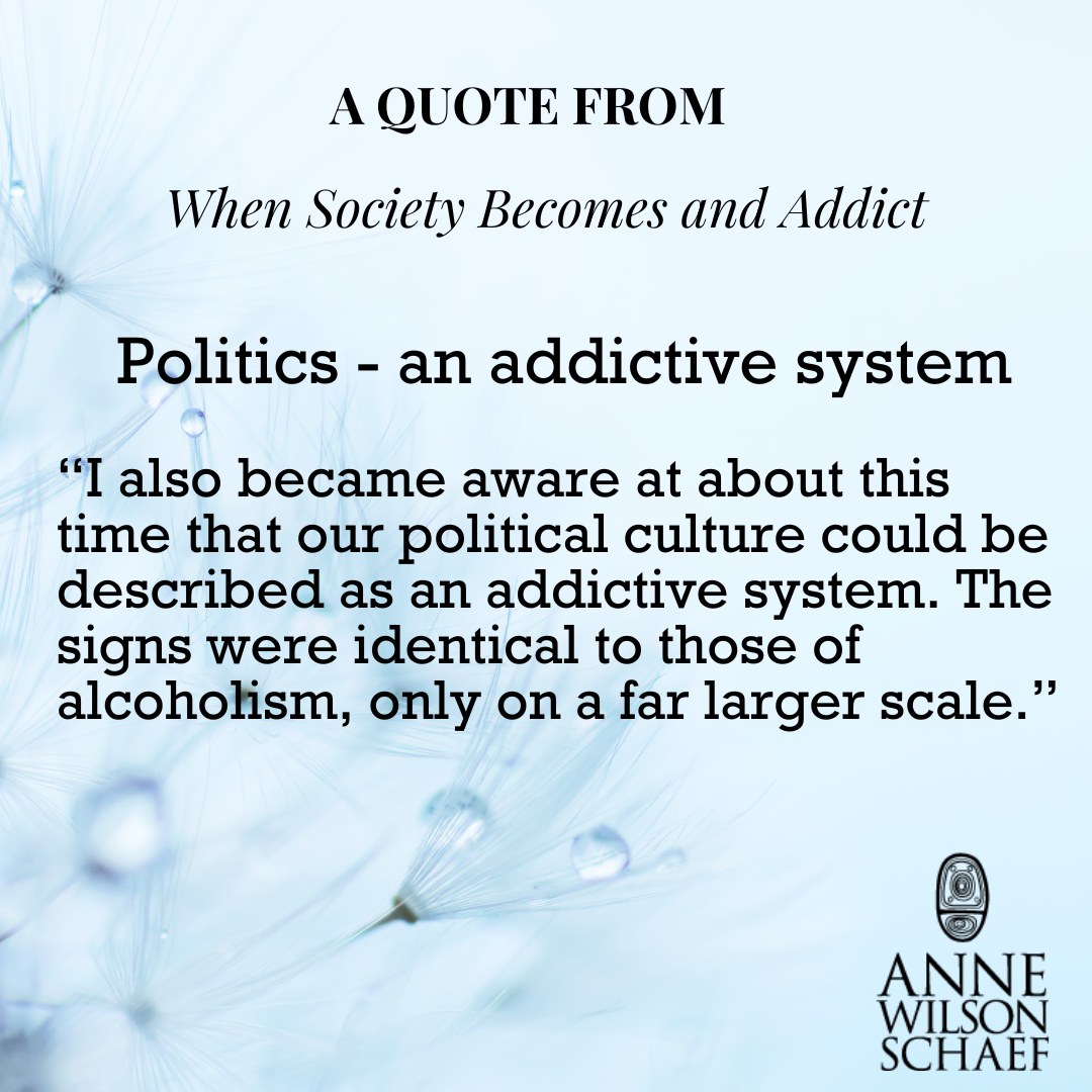 I also became aware at about this time that our political culture could be described as an addictive system. The signs were identical to those of alcoholism, only on a far larger scale. #politics #addiction #additivesystems