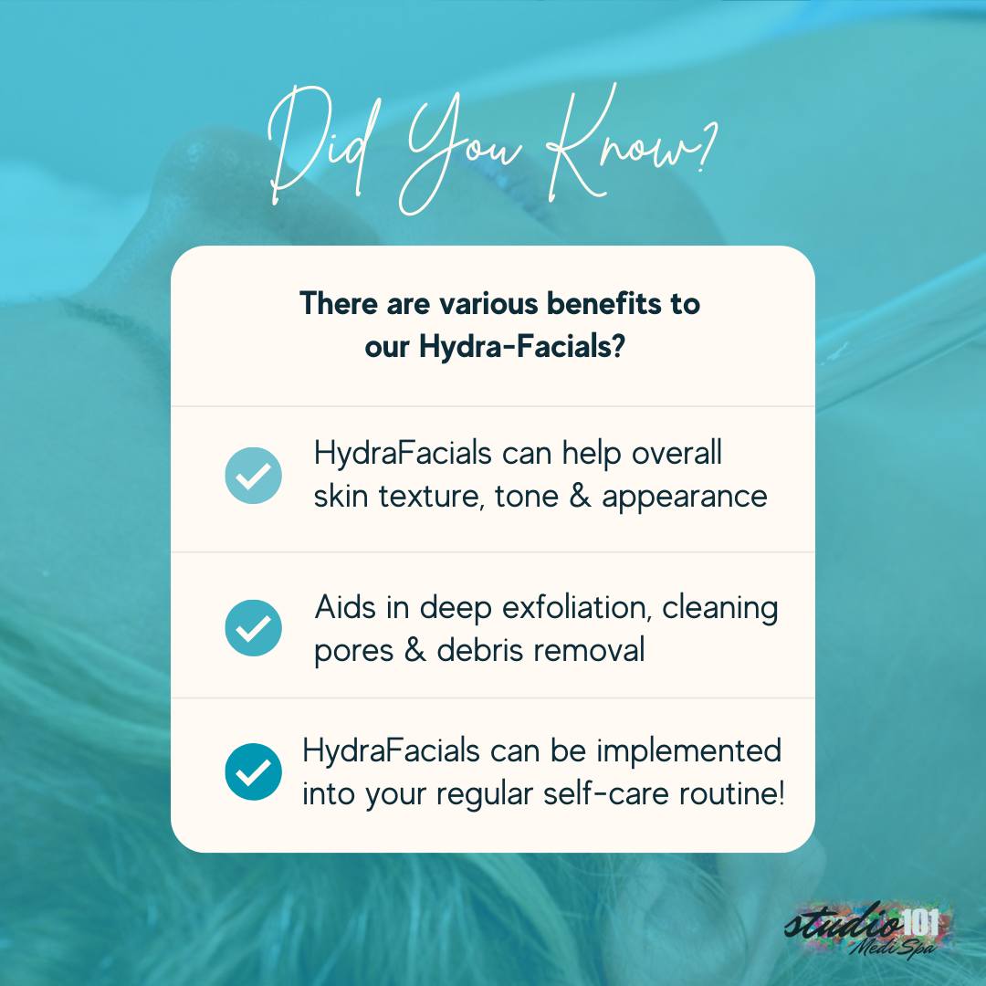 Did you know the benefits of our HydraFacial?
- Hydra Facials help improve overall skin texture, ton and appearance
- Aids in deep exfoliations, cleansing pores, & removal of debris
- No down-time! Hydra Facials are the perfect addition to your self-care routine.
#hydrafacial #studio101medispa #selfcare