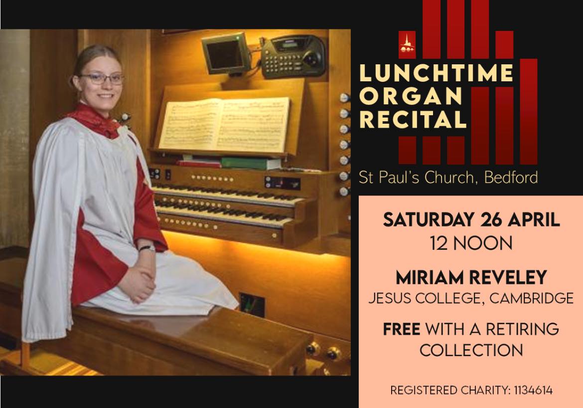 The next in our series of organ recitals, is this Saturday, April 26th, which also happens to be International Organ Day.
We are delighted to be welcoming Miriam Reveley, who is the first woman organ scholar at Jesus College Cambridge. She will be performing a recital which starts at 12.00 noon. Full details of the programme will be available on the day, and a retiring collection will be taken.
(Registered Charity Number: 1134614)