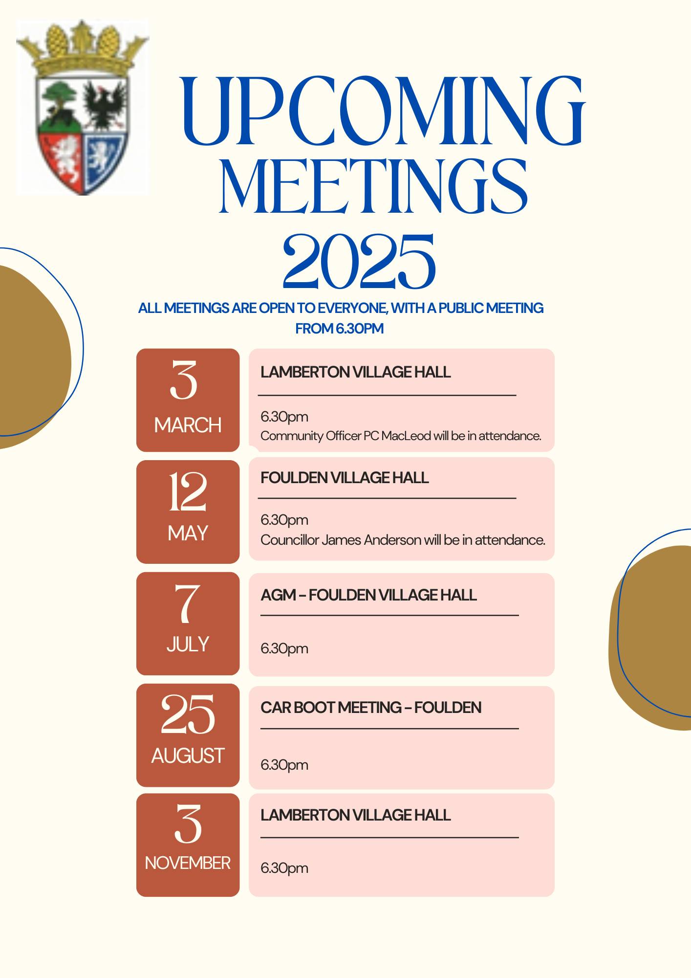 Our next community council meeting is this coming Monday in Foulden Village Hall.
Starting at 6.30pm all are welcome to attend.