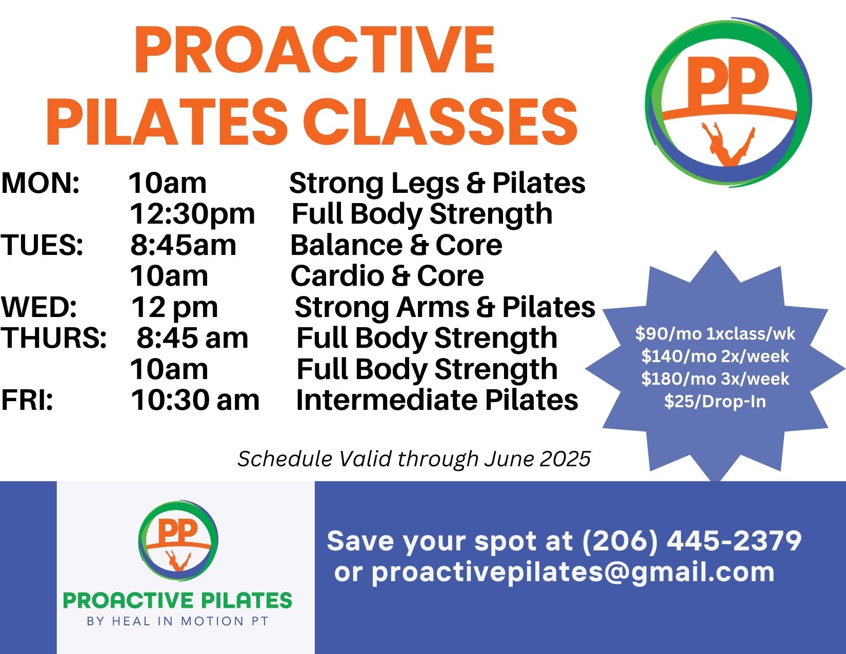 Just in case you'd like to try a few classes! It's like PT in a group, we focus on all the things you've been assigned for Home Exercise Programs for joint rehab, hip, knee, ankle, shoulder rehab, cardio rehab and balance rehab too. Imagine....someone helping you stay with your exercises and prevent the need to go to the PT again and again. RESERVATIONS are a must as all classes/groups are limited to 6 people max