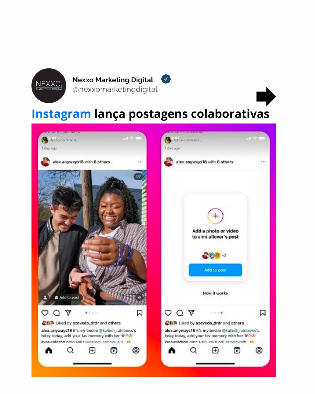 Instagram lançou a opção de postagens colaborativas , que permitirá que outras pessoas contribuam para postagens no feed do carrossel, fornecendo uma nova opção de engajamento no aplicativo.
Como você pode ver neste exemplo, com esta nova opção, os usuários poderão permitir que outras pessoas enviem fotos ou vídeos para serem incluídos em sua postagem no carrossel.
O criador original poderá aprovar ou rejeitar qualquer envio, enquanto a postagem existirá apenas na linha do tempo dos criadores, e não em quaisquer outros contribuidores.
Cada adição exibirá o identificador de cada colaborador, juntamente com quando a postagem foi criada.
Poderá ser uma boa maneira de incentivar mais envolvimento e interação durante a transmissão, o que faz parte do esforço mais amplo do IG para adotar opções de postagem colaborativa.
No início deste mês, o Instagram também adicionou a capacidade de compartilhar stories com várias listas de grupos ao mesmo tempo , para que você possa selecionar melhor quem vê suas atualizações.
O Instagram também adicionou recentemente a capacidade de compartilhar postagens de feed apenas com amigos próximos , fornecendo outra maneira de facilitar um envolvimento mais fechado em grupos.
Esses tipos de opções mais colaborativas e alinhadas ao envolvimento do grupo se baseiam na maneira como as pessoas interagem cada vez mais no aplicativo, em grupos mais íntimos, em vez de buscar o alcance máximo por meio de postagens públicas.
IG procura opções de envolvimento mais direto, uma boa maneira de encorajar mais participação, ao mesmo tempo que dá ao Instagram mais informações sobre quem são as suas ligações mais próximas, o que pode ajudar a definir a descoberta.
A nova opção de postagem colaborativa está sendo testada agora com usuários selecionados.
#fyp #instagram #tiktok #youtube #redessociais #socialmedia #IA #metaverso #meta #metaverse #3D #redessociais #gestaoderedessociais #marketingdigital #socialmedia #inboundmarketing