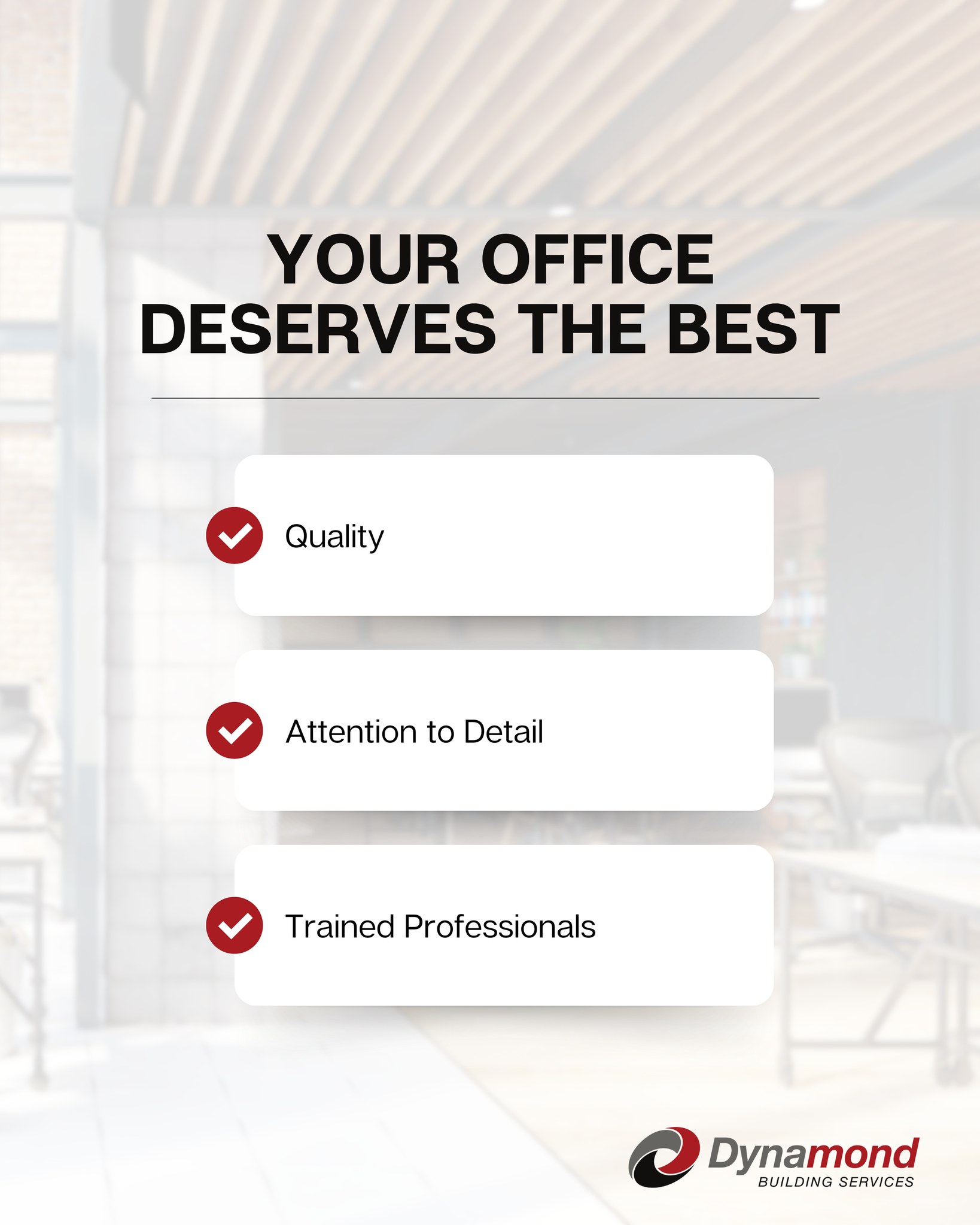 Commitment to quality, attention to detail, and trained professionals. Choose Dynamond to care for your workspace as if it were our own.
#DynamondBuildingServices #ExcellenceInCleaning
