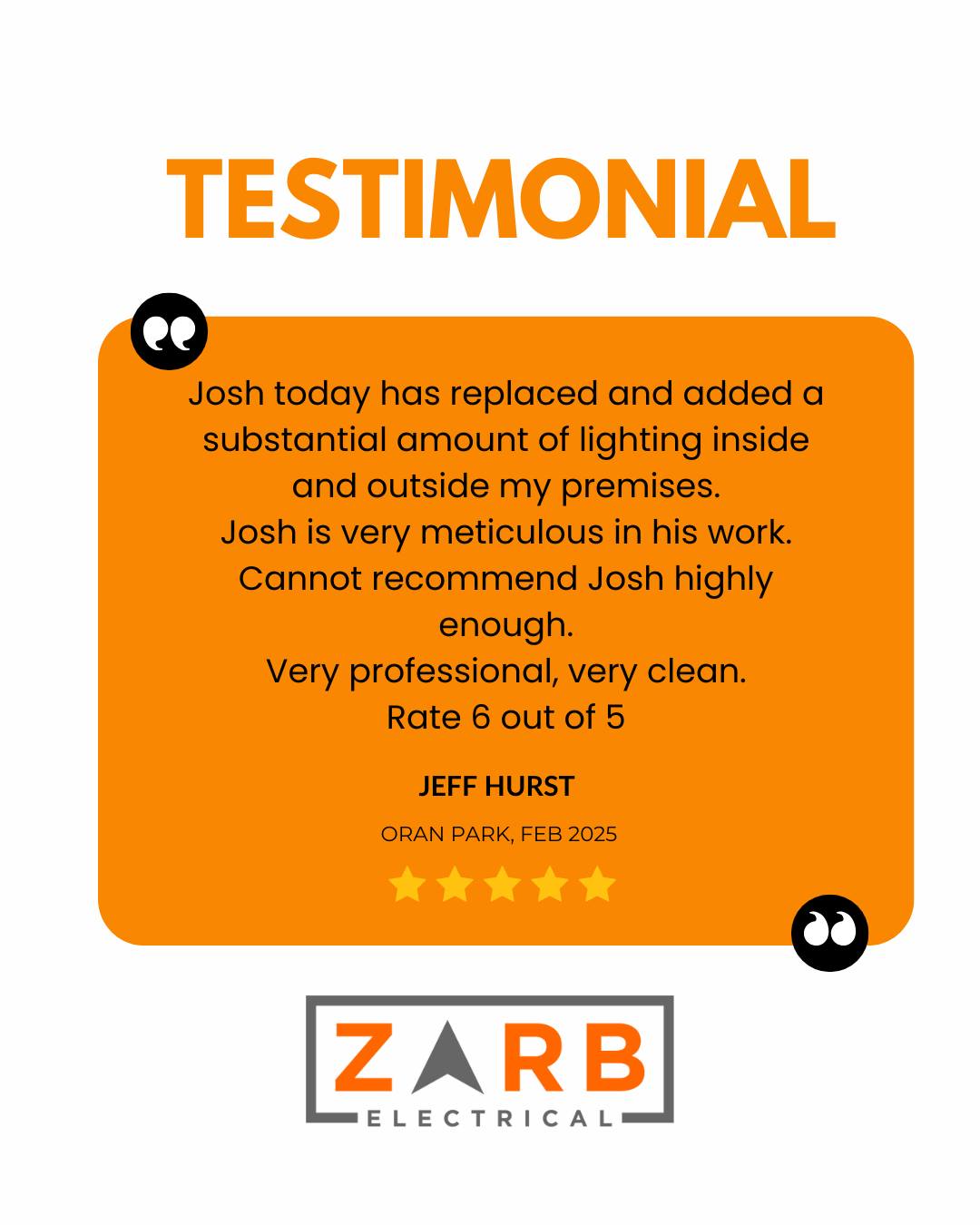 ✨ Another Happy Customer! ✨
Jeff in Oran Park had a major lighting upgrade inside and out, and he couldn’t be happier with the results! ⭐️⭐️⭐️⭐️⭐️⭐️
"Josh is very meticulous in his work. Cannot recommend him highly enough—very professional, very clean. Rate 6 out of 5!" – Jeff, Oran Park
Thanks for the kind words, Jeff! We take pride in delivering top-quality work every time. Need a lighting upgrade? We’ve got you covered!
📲 4610 0185 | 💻 zarbelec.com.au/request-a-quote