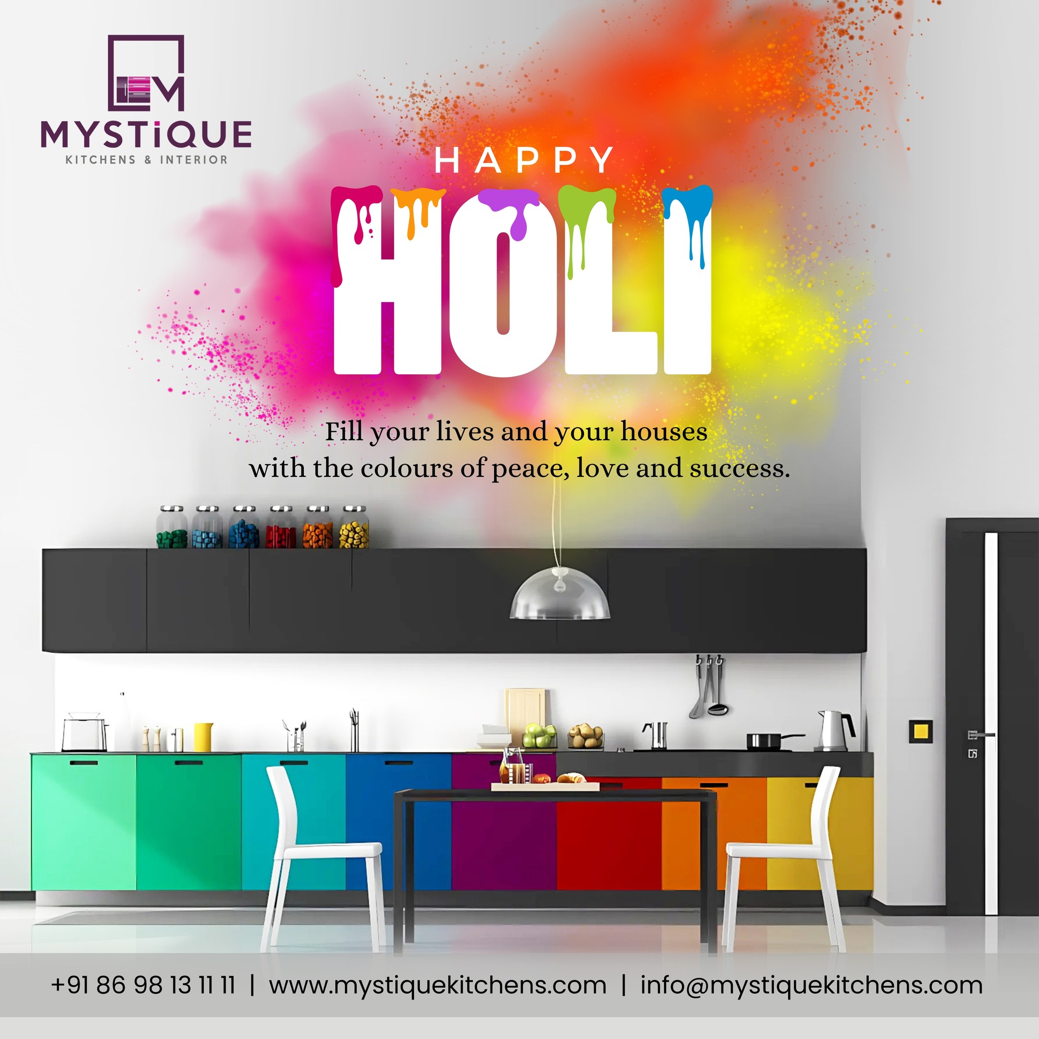 🌈 Happy Holi from Mystique Kitchens & Interiors! 🌈
As the festival of colours brings joy and togetherness, we at Mystique Kitchens & Interiors wish you a vibrant and unforgettable Holi! 🎉
May this festival fill your home with love, laughter, and vibrant colours, and may your celebrations be as beautiful and unique as the spaces we design for you. 💖
#HappyHoli #MystiqueKitchens #FestivalOfColors #VibrantSpaces #InteriorDesign #NewBeginnings #Holi2025 #CelebrateWithMystique #holi