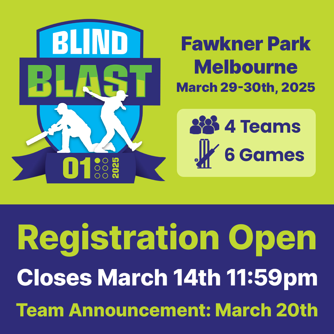📣 Exciting News
.
Registration is now open for Blind Blast 01 (BB01)
.
📅 29th - 30th March, 2025
📍: Fawkner Park, South Yarra, Victoria
🏏 T20 Blind Cricket, 4 Franchise Teams, Round-Robin League
.
REGISTRATION LINK: Visit the Linktree link in the profile above.
.
Costs
All players will be required to pay a registration fee of $80 to participate in Blind Blast 01.
Officials, Coaches, and Volunteers are required to register, but will not be required to pay a registration fee.
.
Travelling from Interstate?
If you would like us to organise your travel and accommodation please contact Simon Fuller 0425 719 392. Accommodation is available at the Pullman Albert Park for a flat rate of $200 (two nights, twin share).
.
It's going to be a fantastic weekend of blind cricket. Don't miss out, register before the cut off on March 14th, 11:59pm.
.
.
Image Description: Top half has bright green background with the Blind Blast 01 logo on the left. On the right the text reads: "Fawkner Park Melbourne. March 29th-30th, 2025". Below that is a light coloured rectangle with text that reads: "4 Teams, 6 Games". Bottom half is coloured dark purple with text bright green text that reads: "Registration Open" under that in white text reads: "Closes March 14th 11:59pm". The next line in bright green text reads: "Team Announcement: March 20th"
.
.
@tavernersau @blindsportsrecvic
@cityofmelbourne @blind_cricket_australia_bca @blindsportsaustralia @visionaustralia
.
#blindcricket #disabilitysport #inclusion #inclusivesports
