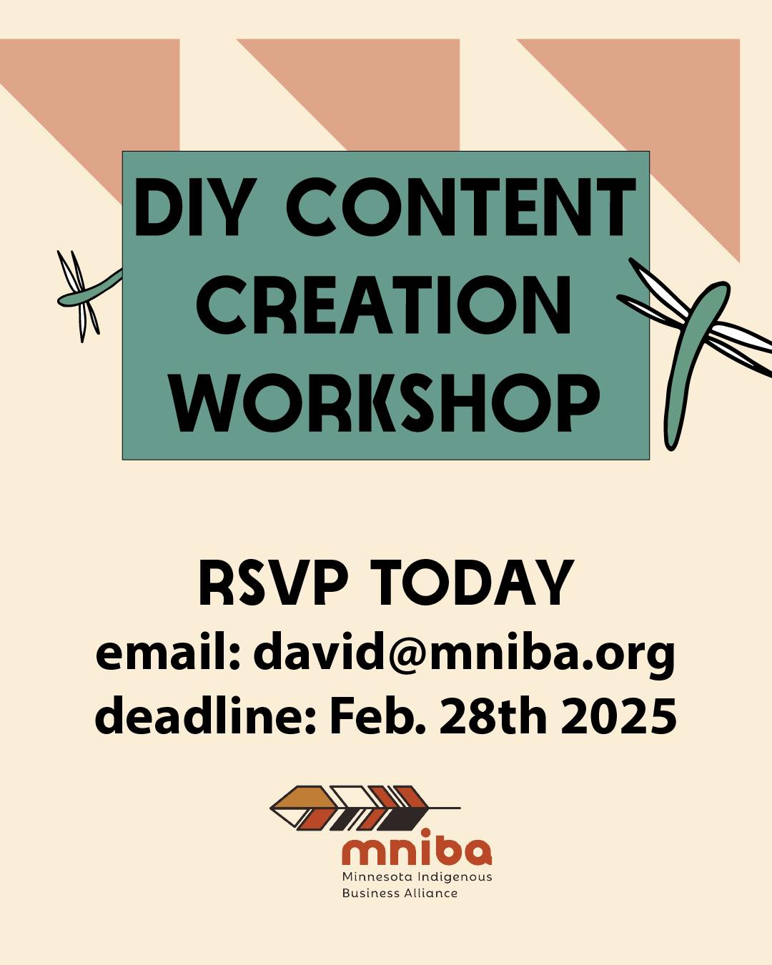🌟FREE WORKSHOP❤️
Calling all artists, entrepreneurs, and community members! Join us for an exciting DIY Content Creation Workshop hosted by the Minnesota Indigenous Business Alliance! Whether you're a beginner or looking to enhance your skills, this FREE workshop on Zoom is perfect for you!
🗓️ **Enrollment Deadline:** February 28, 2025
🗓️ **First Class Starts:** March 1, 2025
Don't miss out on this opportunity to unleash your creativity, get your work seen, and connect with fellow participants. To reserve your spot, email David at **david@mniba.org** today! Let’s create something amazing together! 💻💡 #MNIBA