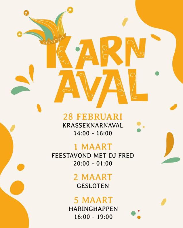 Karnaval 2025 staat voor de deur en vrijdag 28 februari trappen we in 't Houteveen af met Krasse Knarnaval! Deze gezellige middag is speciaal voor 55-plussers en start om 14:00u. Een vol programma met overhandiging van de Dorpssleutel en muziek van Bob van Zanten. Aansluitend boerenkool mee blijven eten voor €10,-? Meld je dan tijdig aan.
Zaterdag 1 maart is de deur los vanaf 20:00u en gaan we in de polonaise hossen op de bekendste karnavalshits. Onze huis-DJ Fred zal er weer een knallend feest van maken. Deze avond is 18+, gratis entree en verkleedkleding verplicht.
Zondag 2 maart zijn wij gesloten voor de grote schoonmaak en vieren we daarna zelf Karnaval.
Woensdag 5 maart is iedereen welkom van 16:00u tot 19:00u om karnaval af te sluiten tijdens het haringhappen.
Zien we jullie ook?🥳