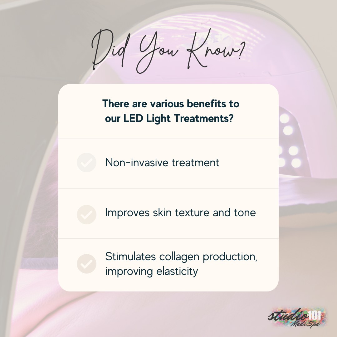 Are you new to Light Therapy? 🌿☀
LED light therapy is a non-invasive treatment that uses specific wavelengths of light to improve skin health and address concerns like acne, fine lines, and hyperpigmentation.
Red light boosts collagen production and promotes healing, while blue light targets acne-causing bacteria and reduces inflammation. It's gentle, suitable for sensitive skin, and requires no downtime, making it a safe and convenient option for enhancing skin texture and tone.
#studio101medispa #LEDlighttherapy #selfcare