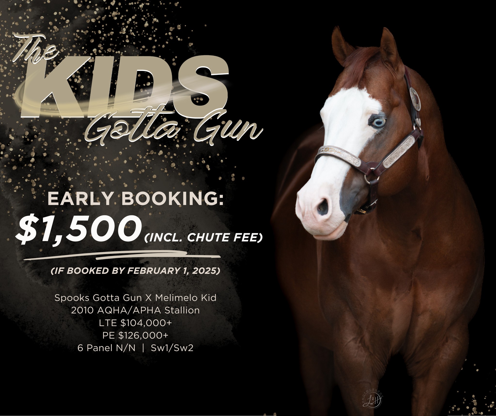 Take advantage of our Early Booking Promotion - just in time for the holidays!
If you book with The Kids Gotta Gun before February 1, 2025, the breeding fee is $1,500. This includes the chute fee!
Breeding fees will increase after February 1, 2025.
Photo: @l2hphotography
@santahillranchbreedingbarn Santa Hill Ranch - Breeding Facility
#stallion #promotion #horse #nrha #reining #reininghorse #earlybooking #NRHAReining