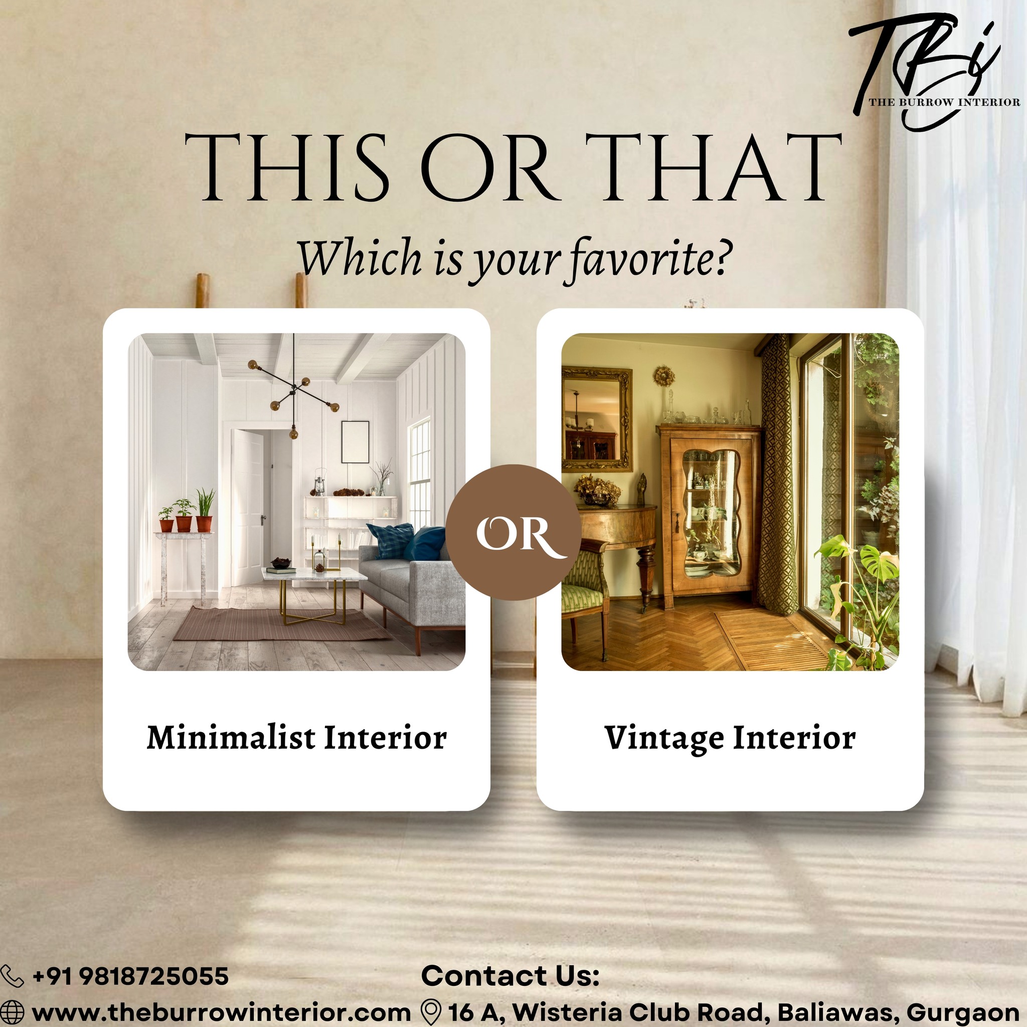 ✨ This or That: Minimalist vs. Vintage ✨
What’s your vibe? 🤔
🔳 Minimalist Interior – Clean lines, simplicity, and modern elegance.
🪞 Vintage Interior – Timeless charm, rich textures, and nostalgic beauty.
Tell us your favorite in the comments below! Are you team minimalist or team vintage? 🌿✨
Let’s transform your house into a home you’ll love forever!
🔑 Ready to bring your vision to life? Book your consultation today and start your home makeover journey!
📞 +91 9818725055
🌐 www.theburrowinterior.com
📩 mitesh@theburrowinterior.com
#TheBurrowInterior #ThisOrThat #MinimalistDesign #VintageInteriors #InteriorInspo #ModernVsClassic #HomeDecorIdeas #DreamSpaces #CuratedSpaces #TheArtOfInteriors #InspireToCreate #InteriorGoals #InteriorDesignServices #DreamHome #SpaceTransformation #HomeDecor #InteriorInspo #DesignYourSpace #PersonalizedInteriors